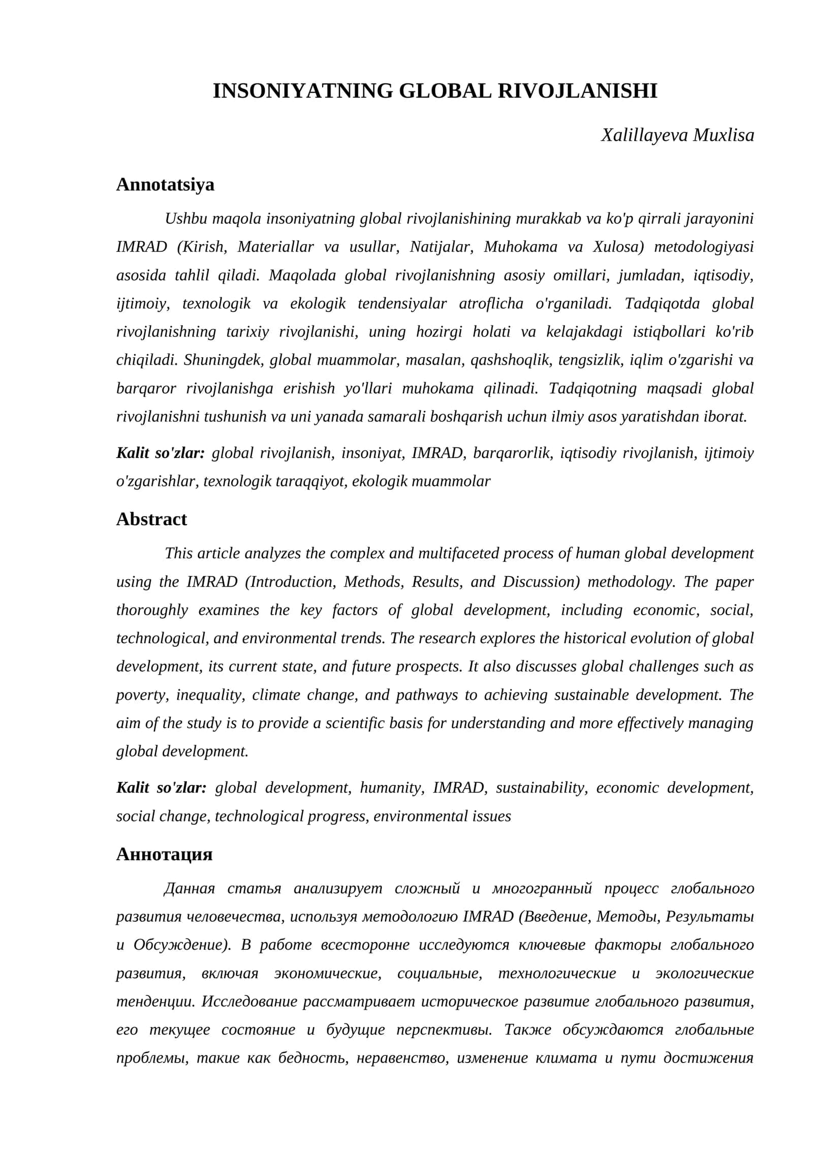 INSONIYATNING GLOBAL RIVOJLANISHI