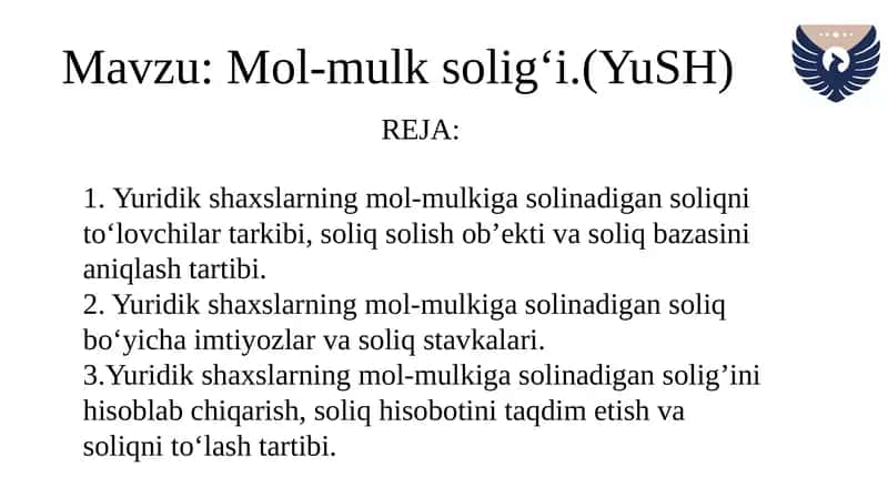 YURIDIK SHAXSLARDAN UNDIRILADIGAN MOL-MULK SOLIG'I
