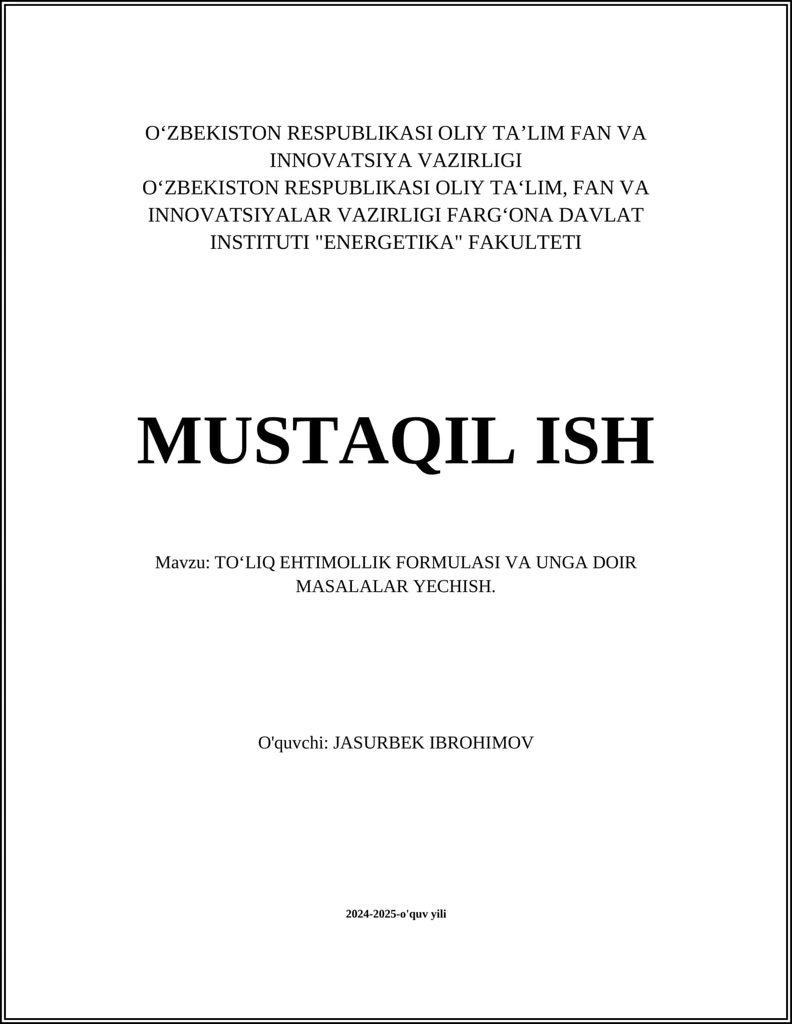 TO‘LIQ EHTIMOLLIK FORMULASI VA UNGA DOIR MASALALAR YECHISH