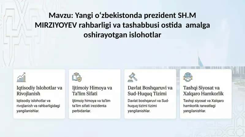 Yangi oʻzbekistonda prezident SH.M MIRZIYOYEV rahbarligi va tashabbusi ostida amalga oshirayotgan i
