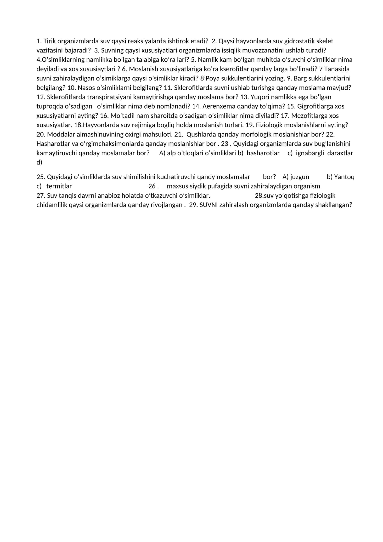 Suvning organizmlarga ta'siri