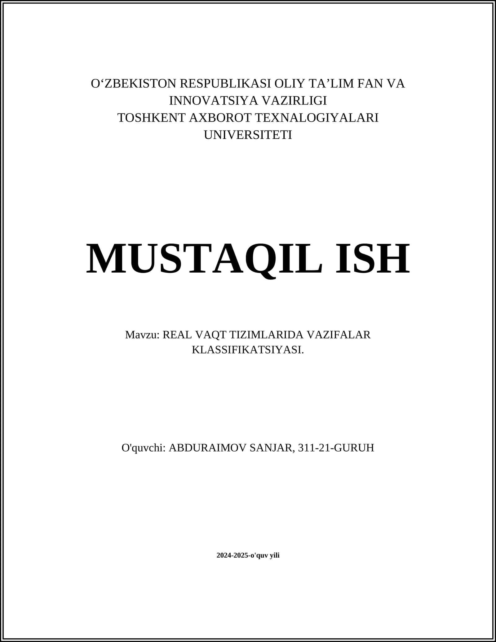 REAL VAQT TIZIMLARIDA VAZIFALAR KLASSIFIKATSIYASI