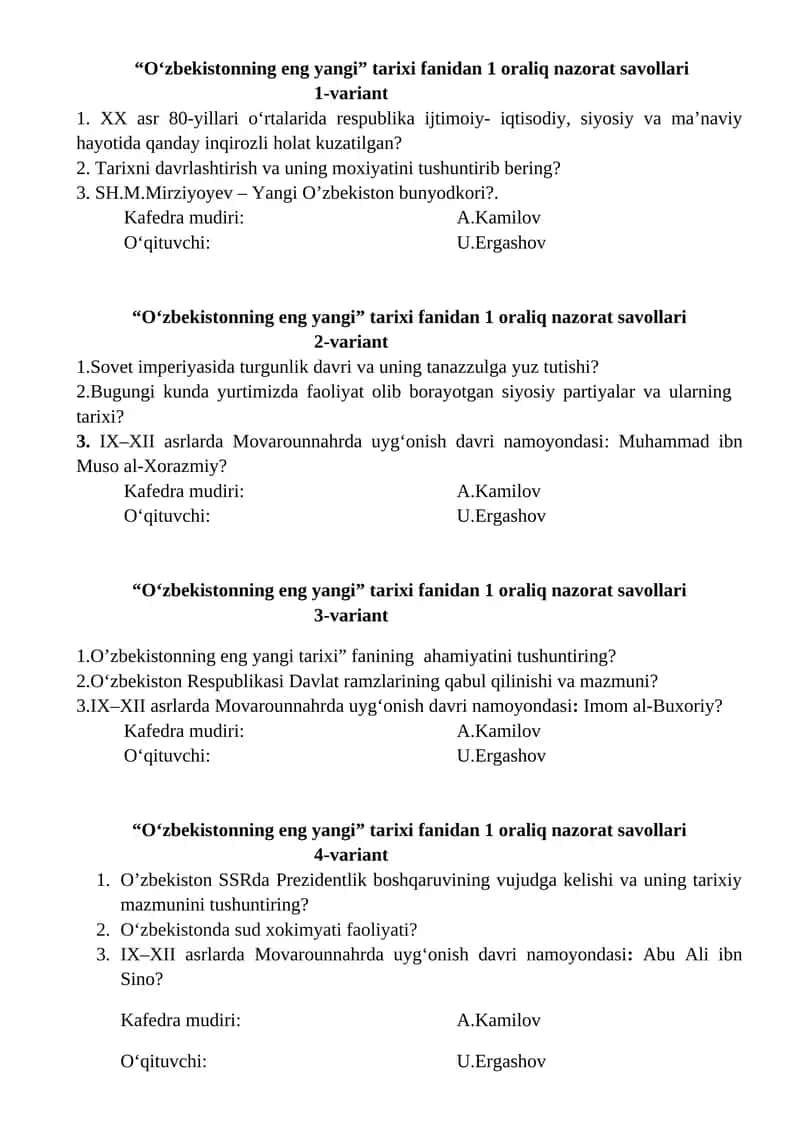 "O‘zbekistonning eng yangi" tarixi fanidan 1 oraliq nazorat savollari