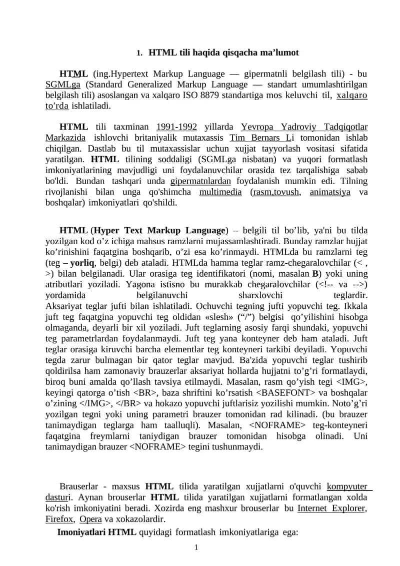 HTML tili haqida qisqacha ma’lumot