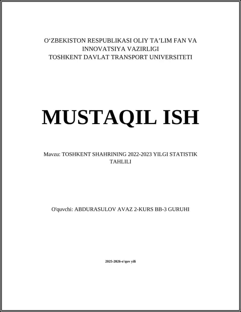 TOSHKENT SHAHRINING 2022-2023 YILGI STATISTIK TAHLILI