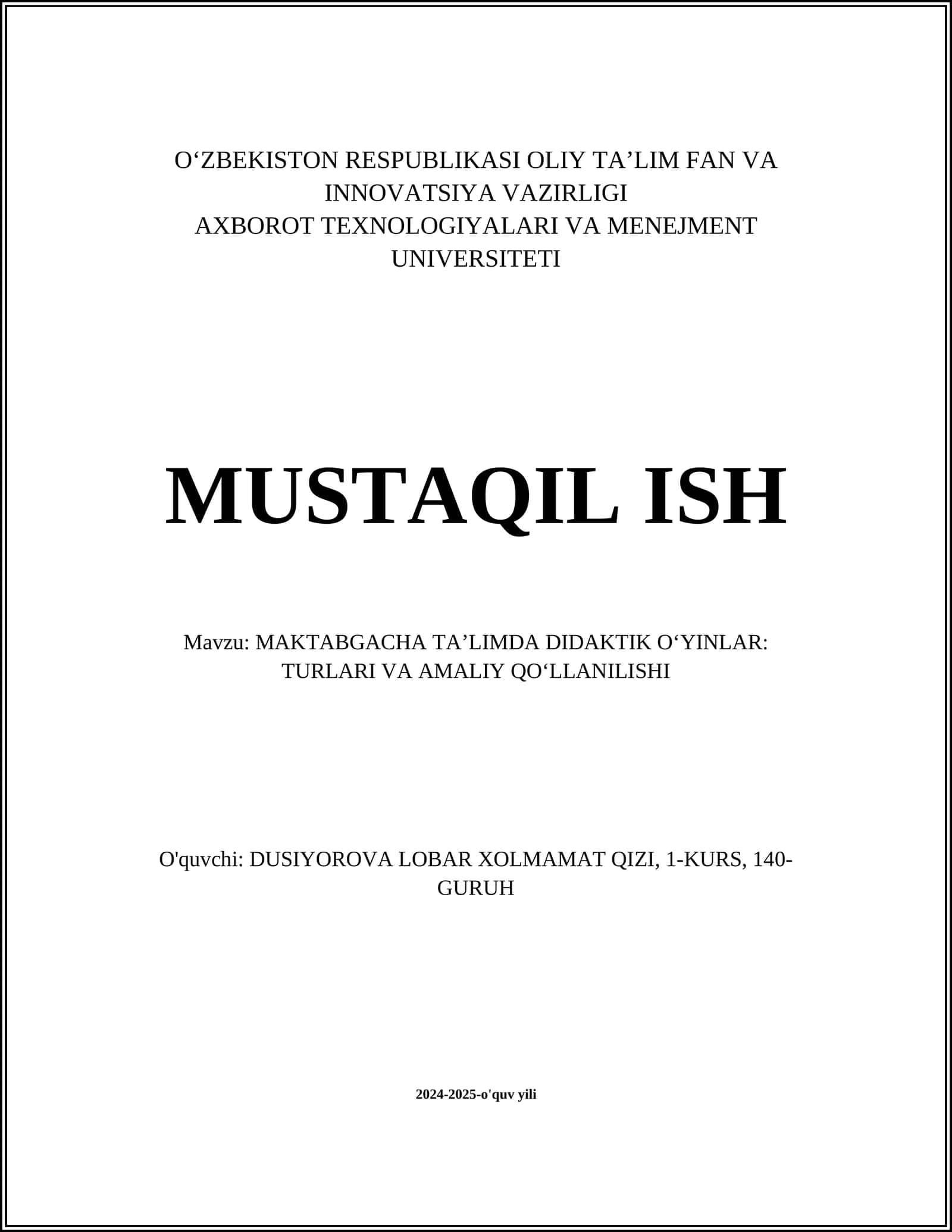 MAKTABGACHA TAʼLIMDA DIDAKTIK OʻYINLAR: TURLARI VA AMALIY QOʻLLANILISHI