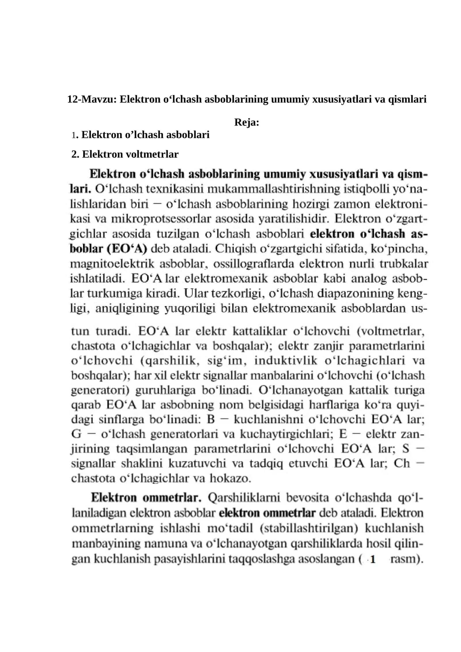 Elektron o‘lchash asboblarining umumiy xususiyatlari va qismlari