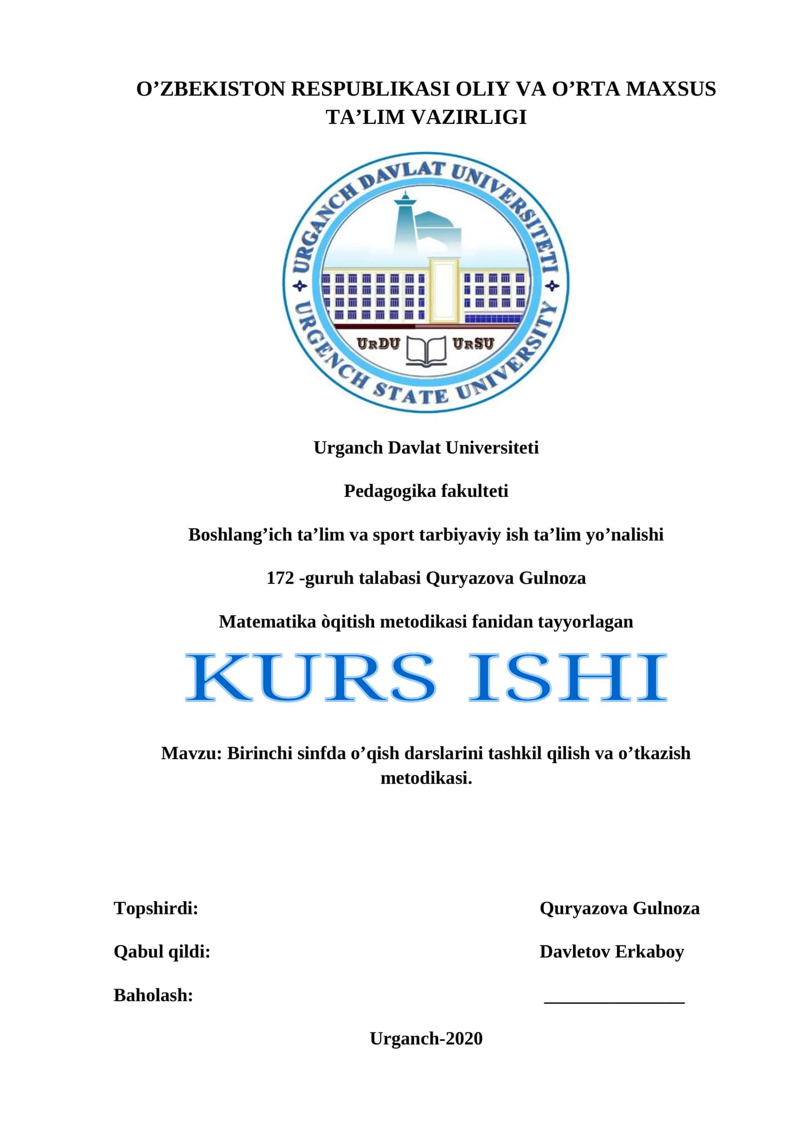 Birinchi sinfda o’qish darslarini tashkil qilish va o’tkazish metodikasi