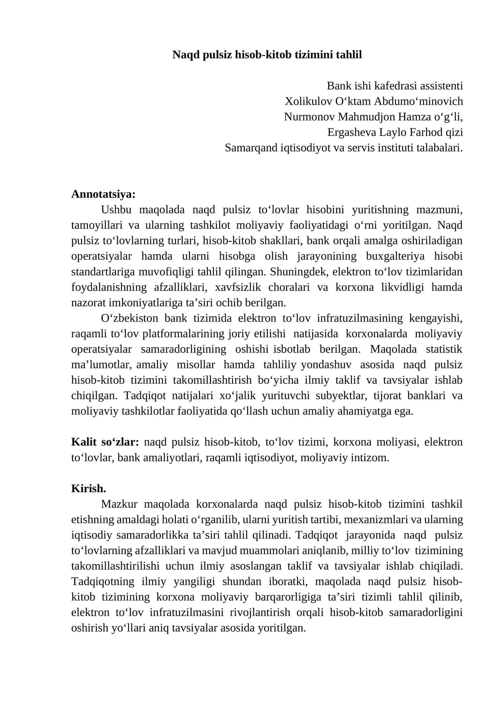 Naqd pulsiz hisob tizimi maqola