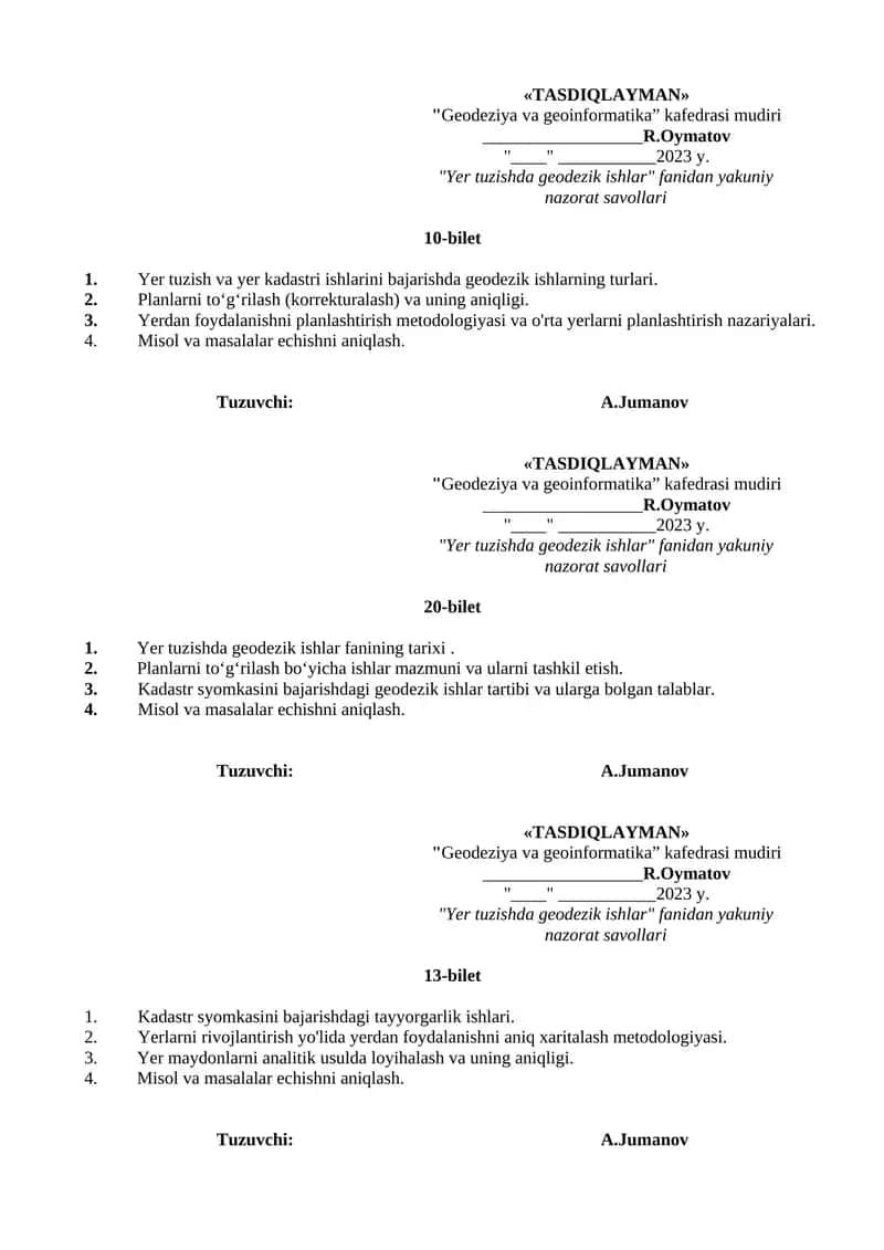 "Yer tuzishda geodezik ishlar" fanidan yakuniy nazorat savollari