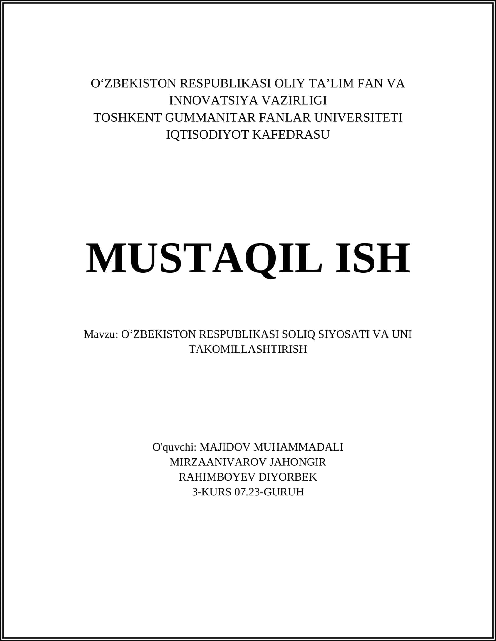 Oʻzbekiston Respublikasida soliq siyosatining tarixiy rivojlanishi