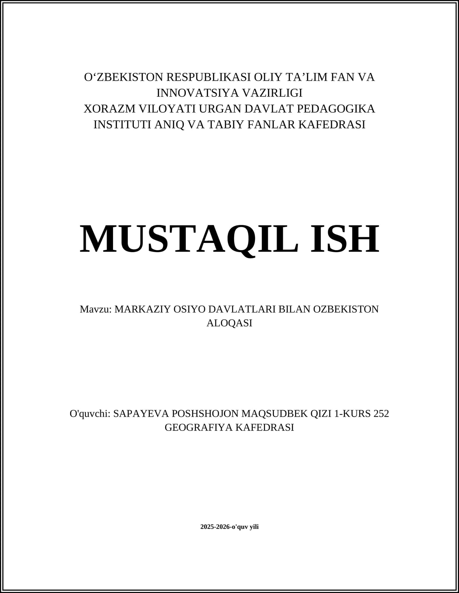 MARKAZIY OSIYO DAVLATLARI BILAN OZBEKISTON ALOQASI