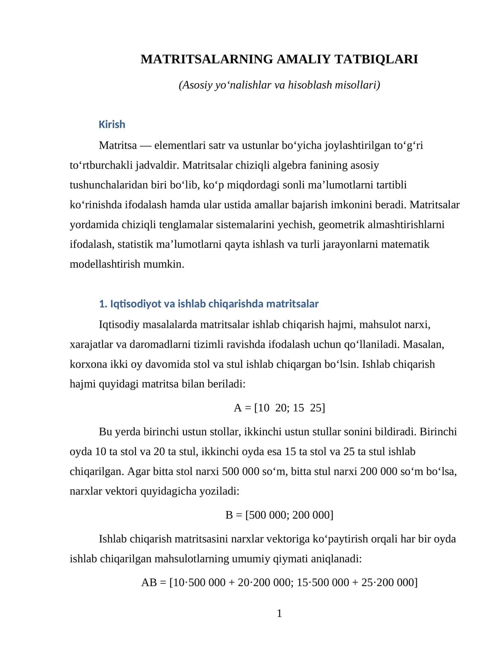 MATRITSALARNING AMALIY TATBIQLARI
