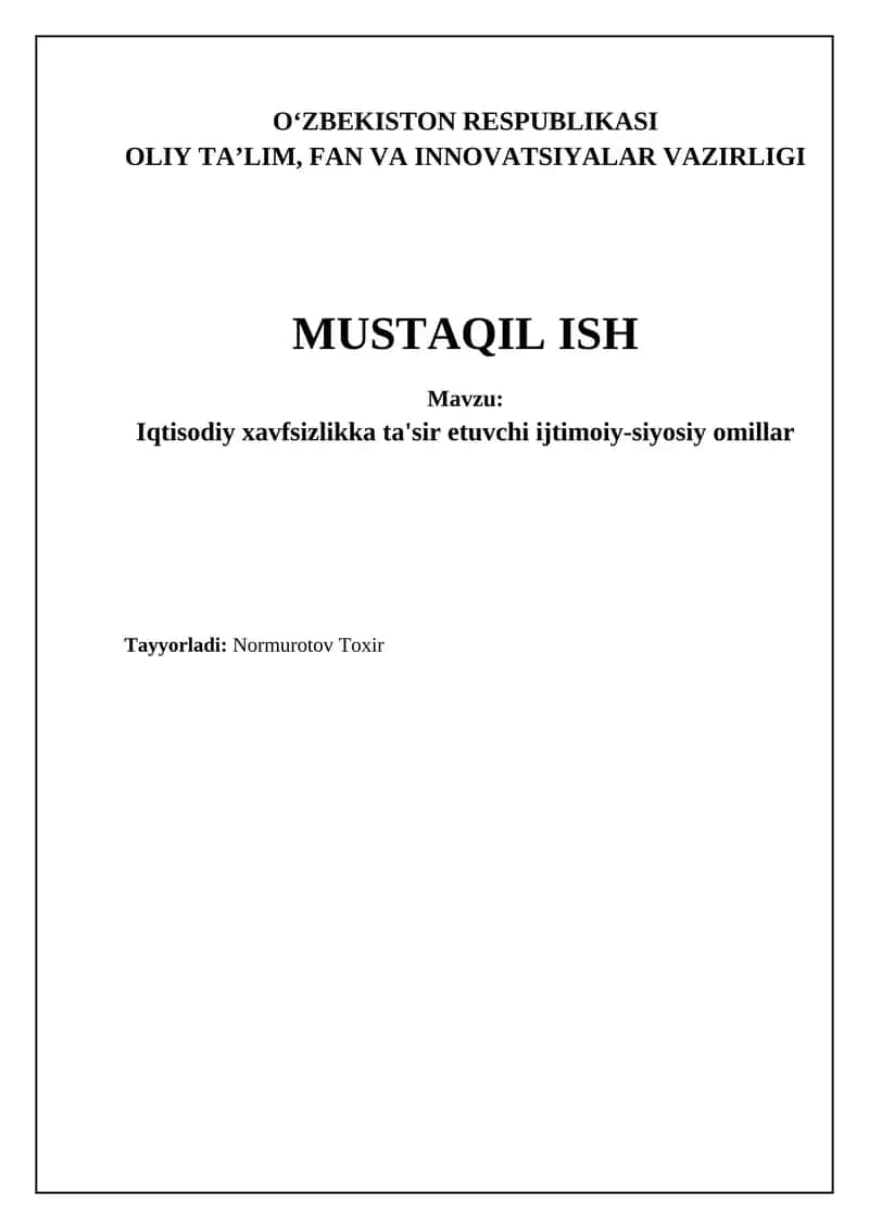 Iqtisodiy xavfsizlikka ta'sir etuvchi ijtimoiy-siyosiy omillar