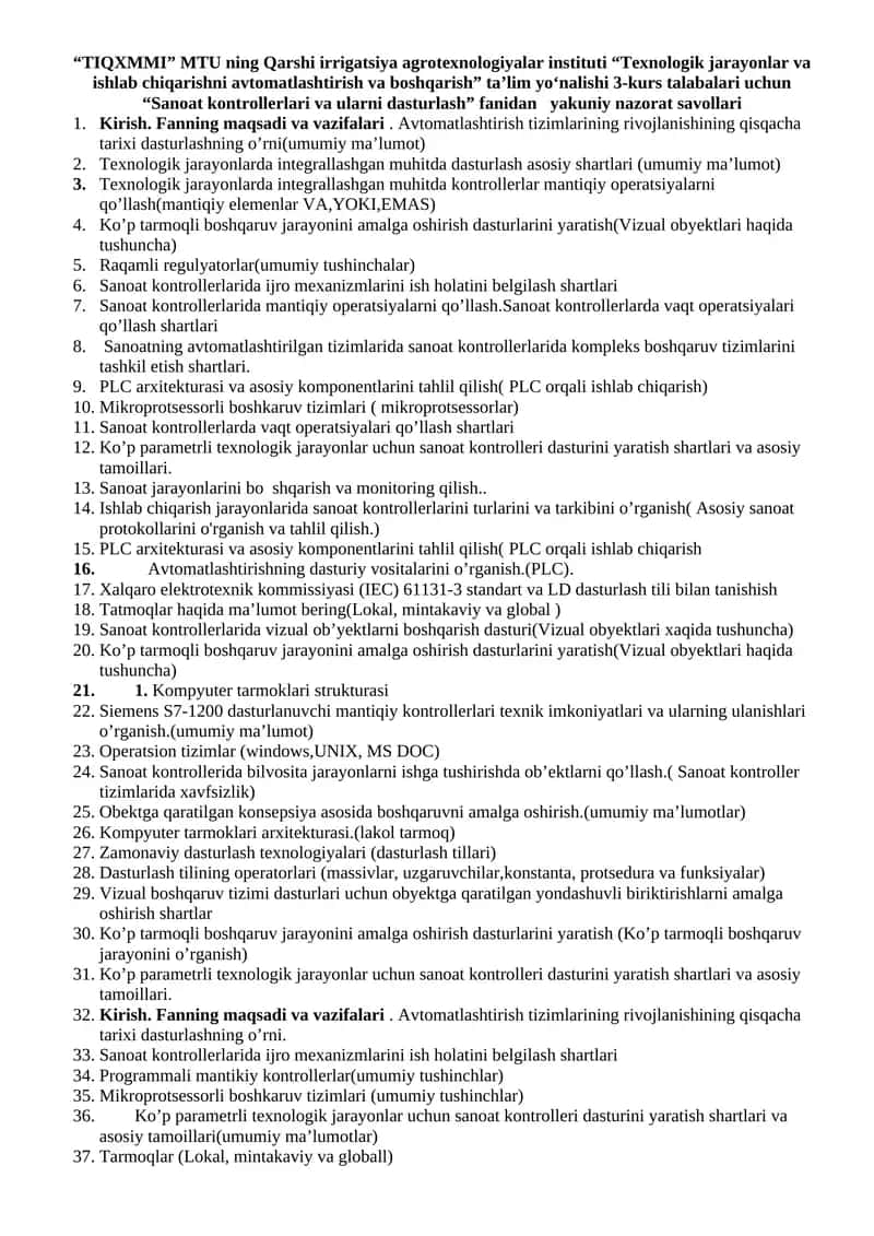 “Sanoat kontrollerlari va ularni dasturlash” fanidan yakuniy nazorat savollari