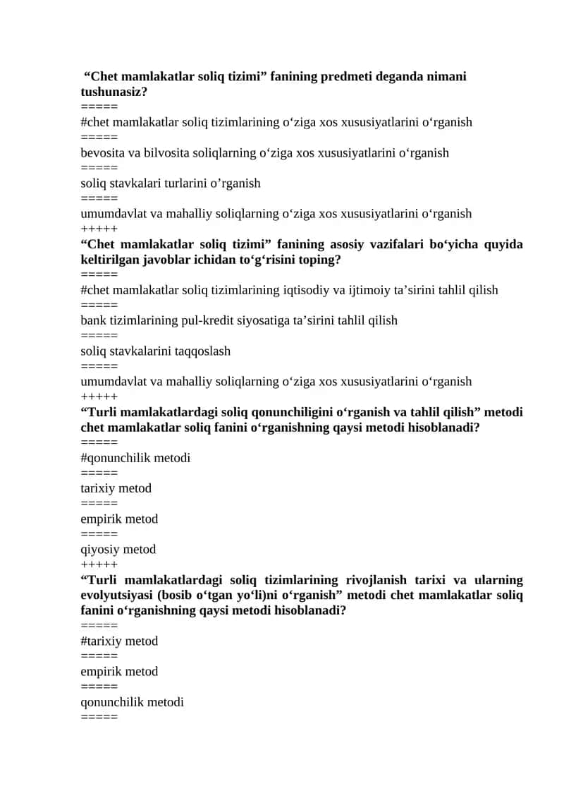 Chet mamlakatlar soliq tizimi fanidan yakuniy test javoblari