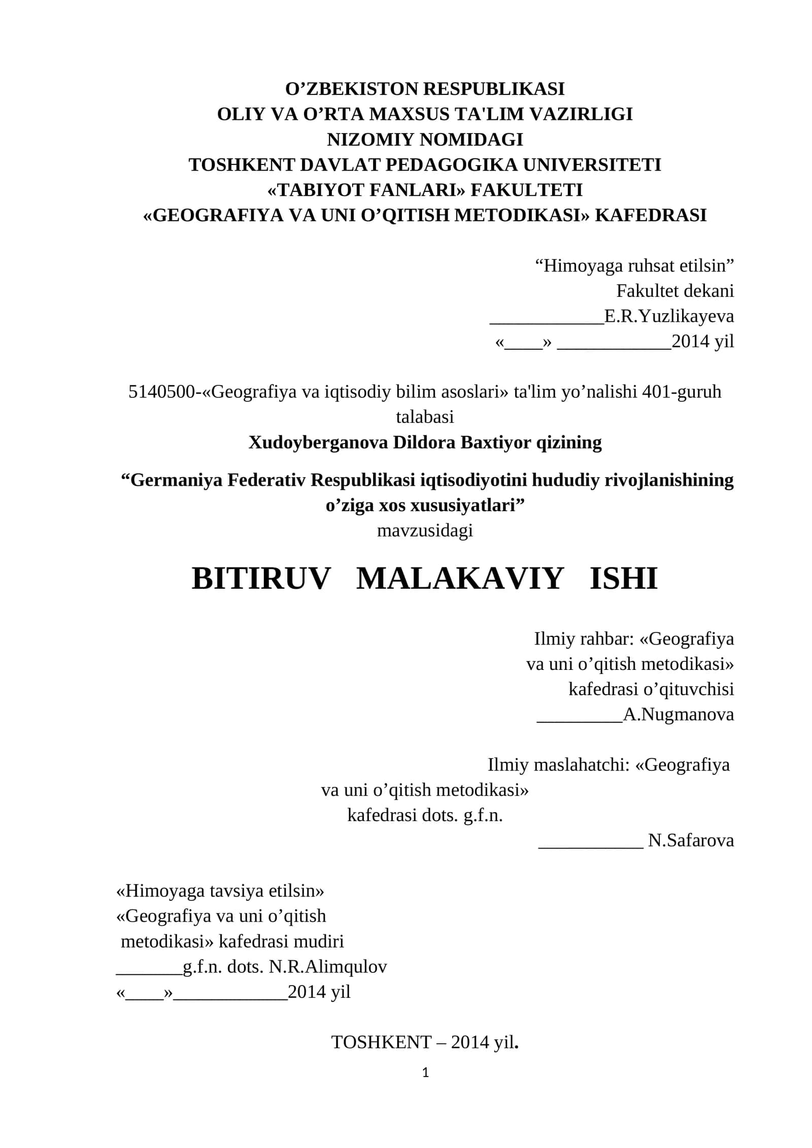 Germaniya Federativ Respublikasi iqtisodiyotini hududiy rivojlanishining o’ziga xos xususiyatlari