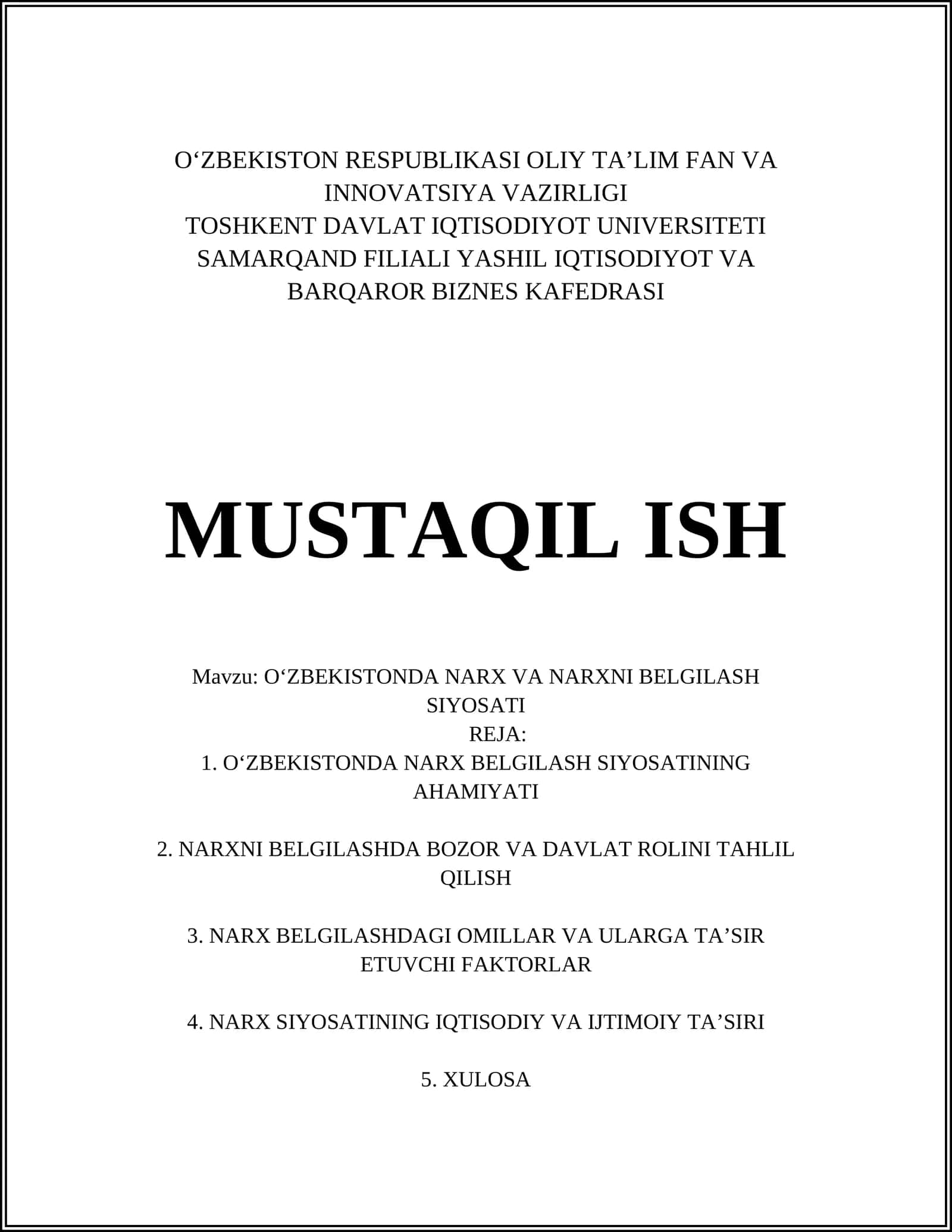 O‘ZBEKISTONDA NARX VA NARXNI BELGILASH SIYOSATI