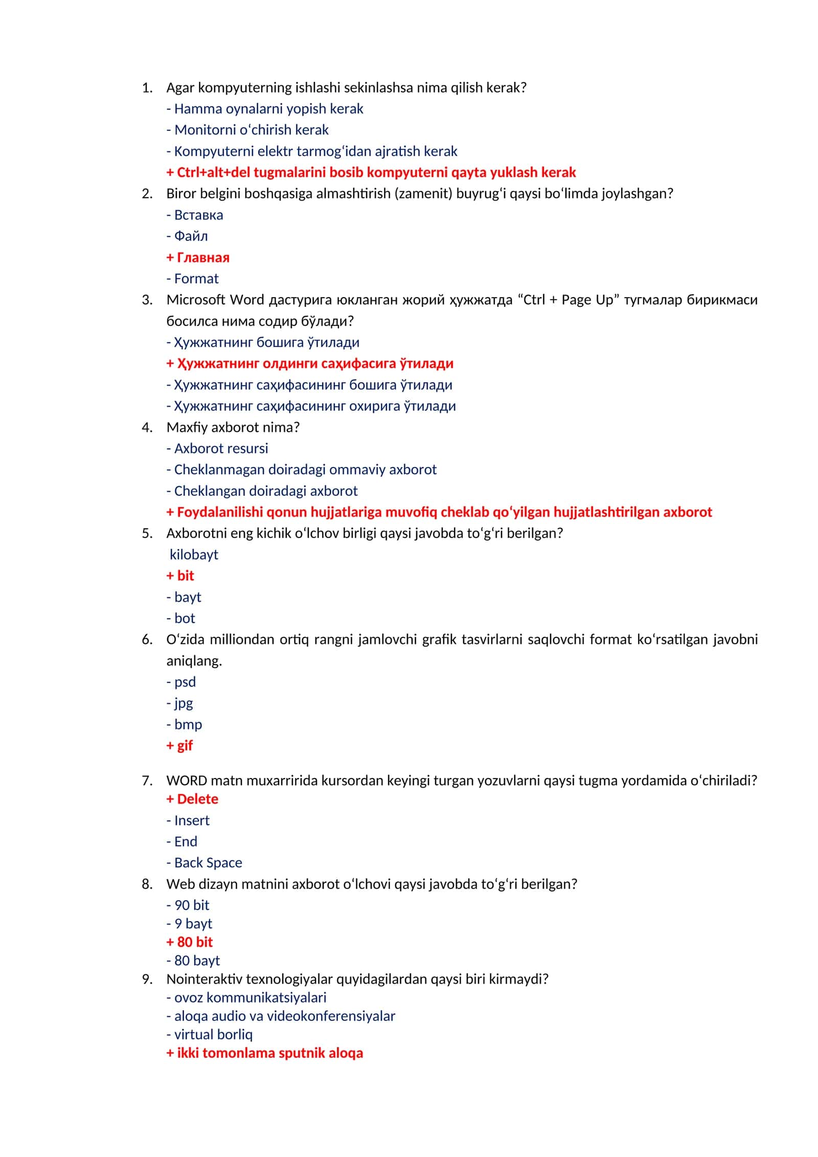 Axborot kommunikatsiya fanidan test savollari to'g'ri javobi bilan