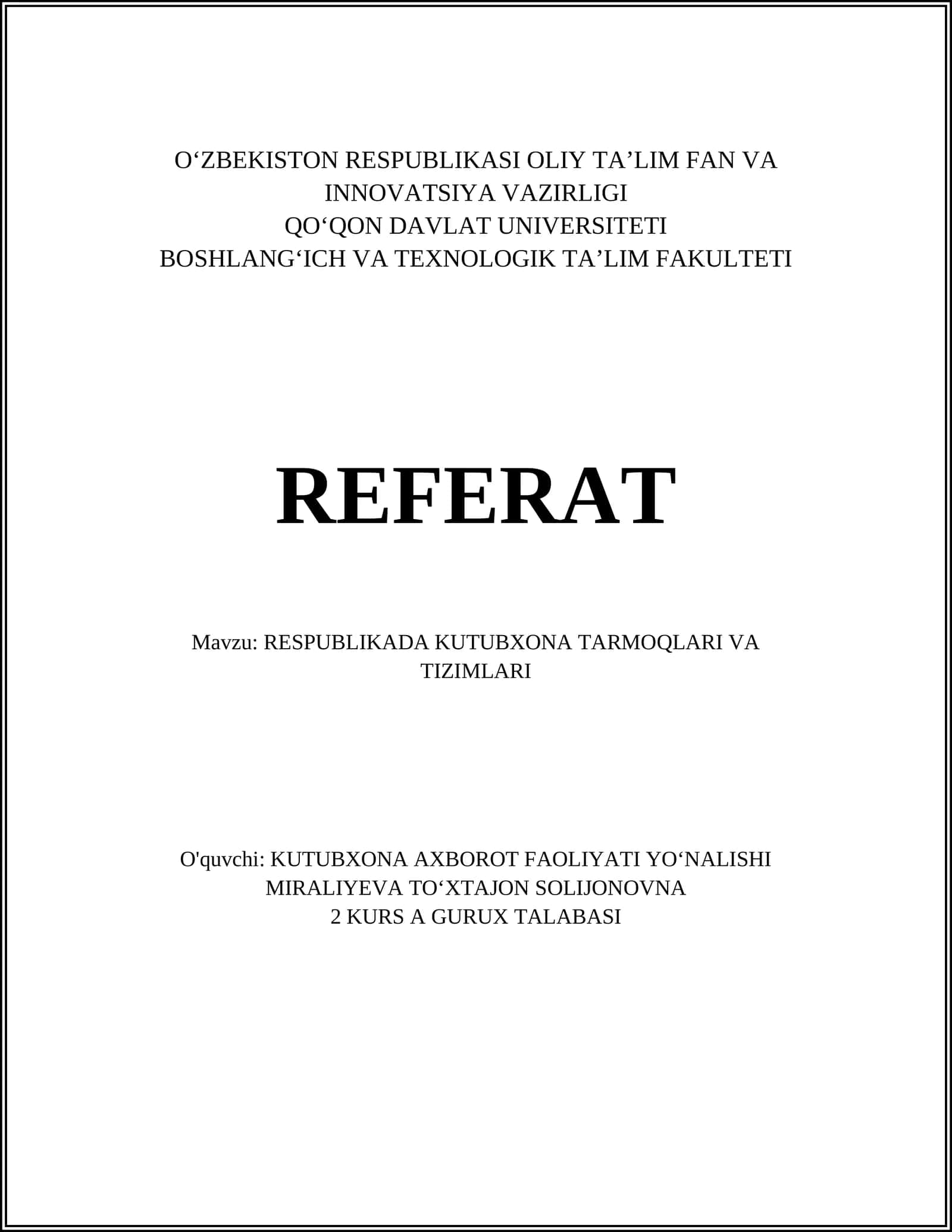 RESPUBLIKADA KUTUBXONA TARMOQLARI VA TIZIMLARI