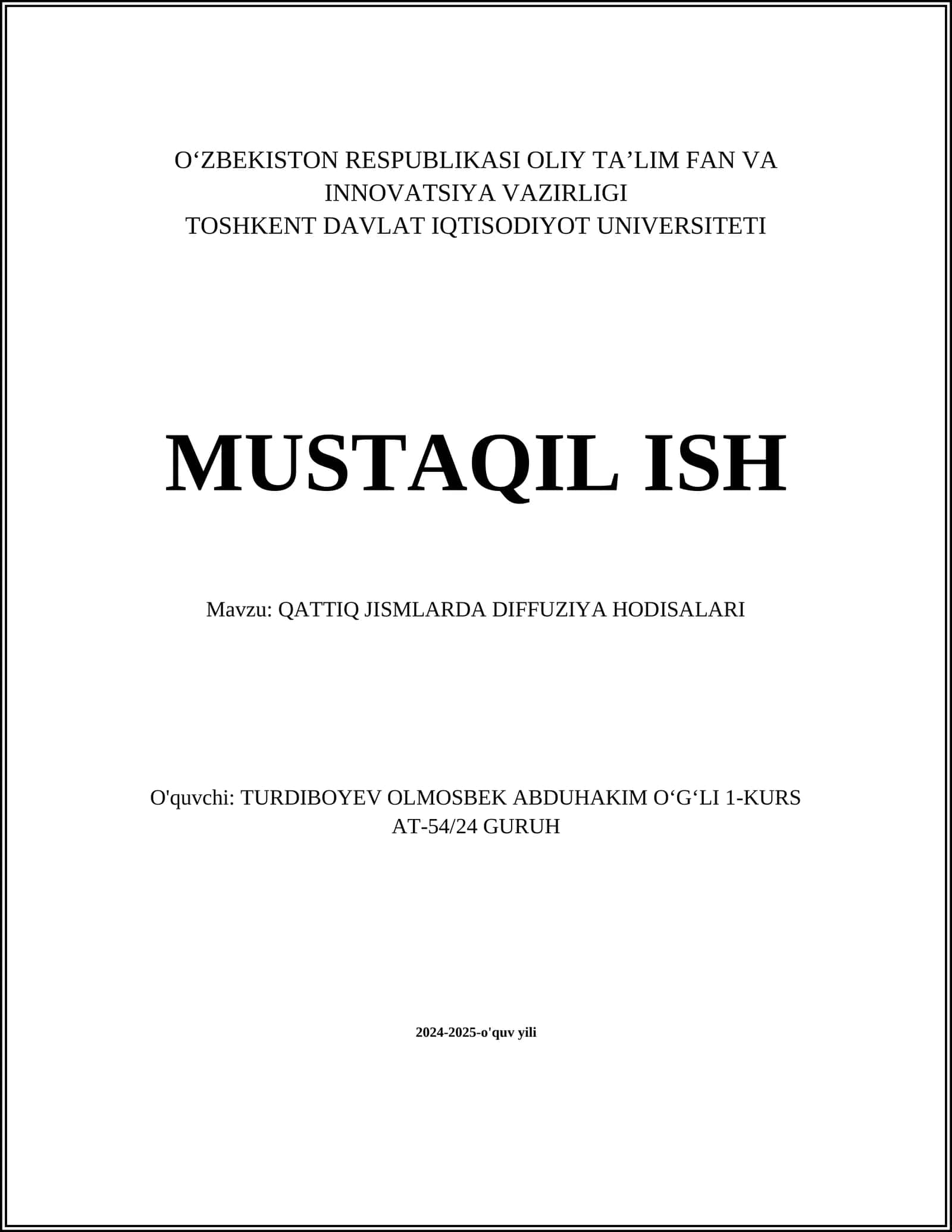 QATTIQ JISMLARDA DIFFUZIYA HODISALARI