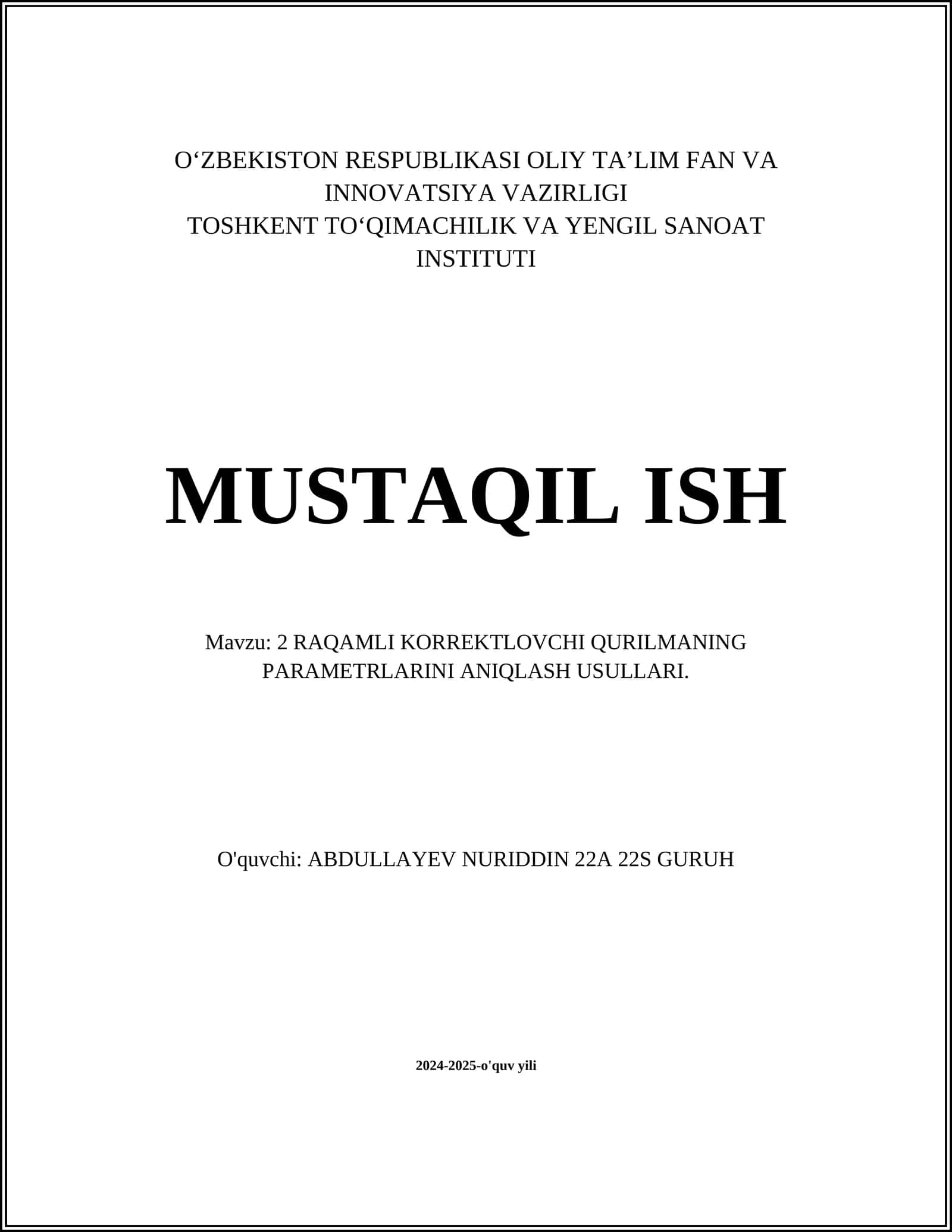 2 RAQAMLI KORREKTLOVCHI QURILMANING PARAMETRLARINI ANIQLASH USULLARI
