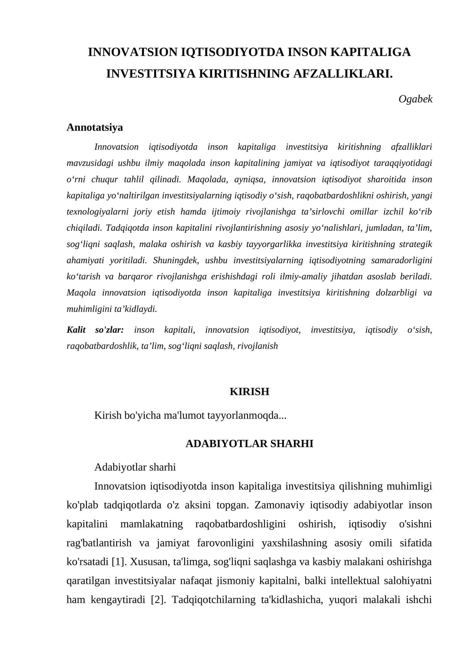 INNOVATSION IQTISODIYOTDA INSON KAPITALIGA INVESTITSIYA KIRITISHNING AFZALLIKLARI