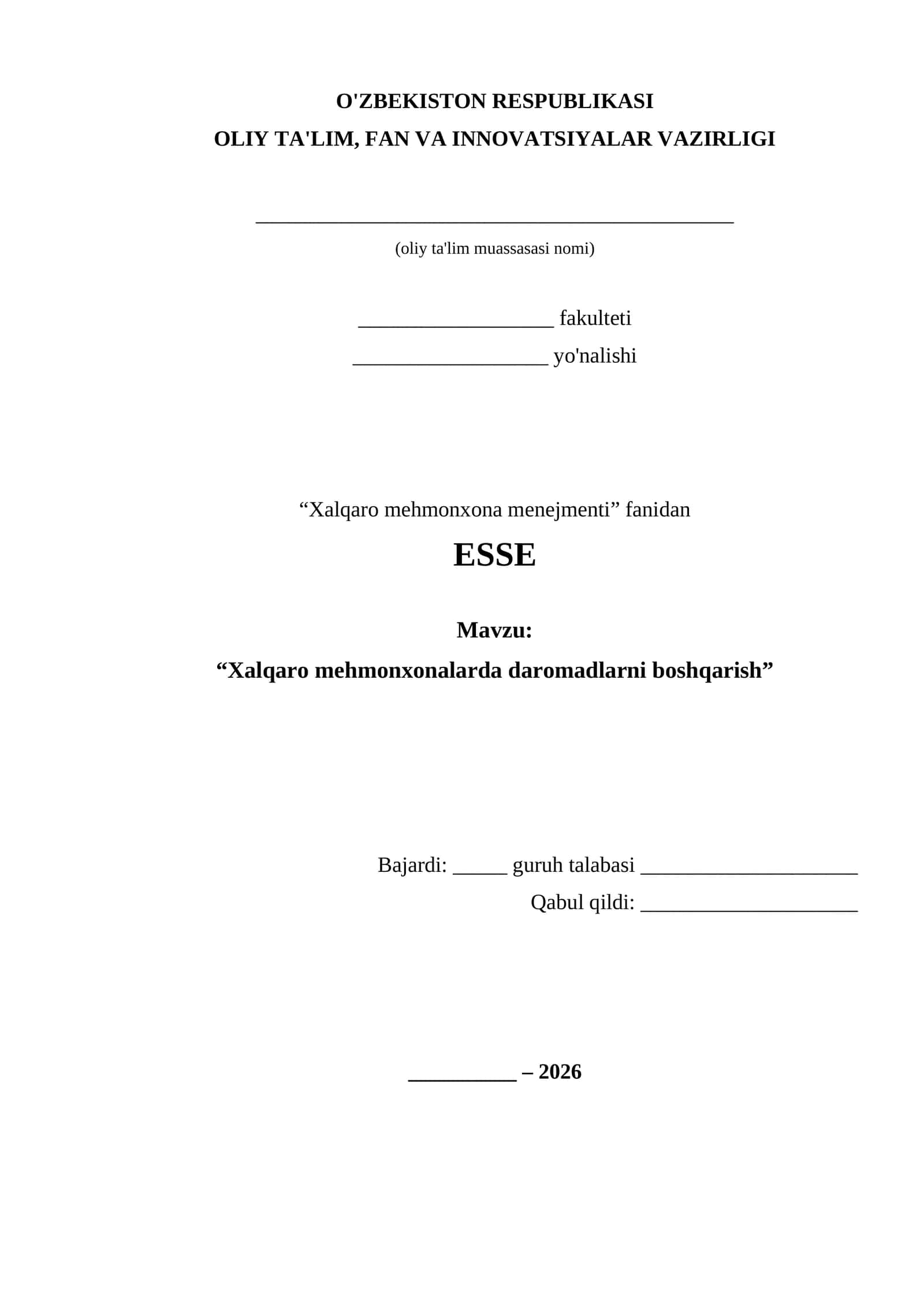 ESSE: Xalqaro mehmonxonalarda daromadlarni boshqarish