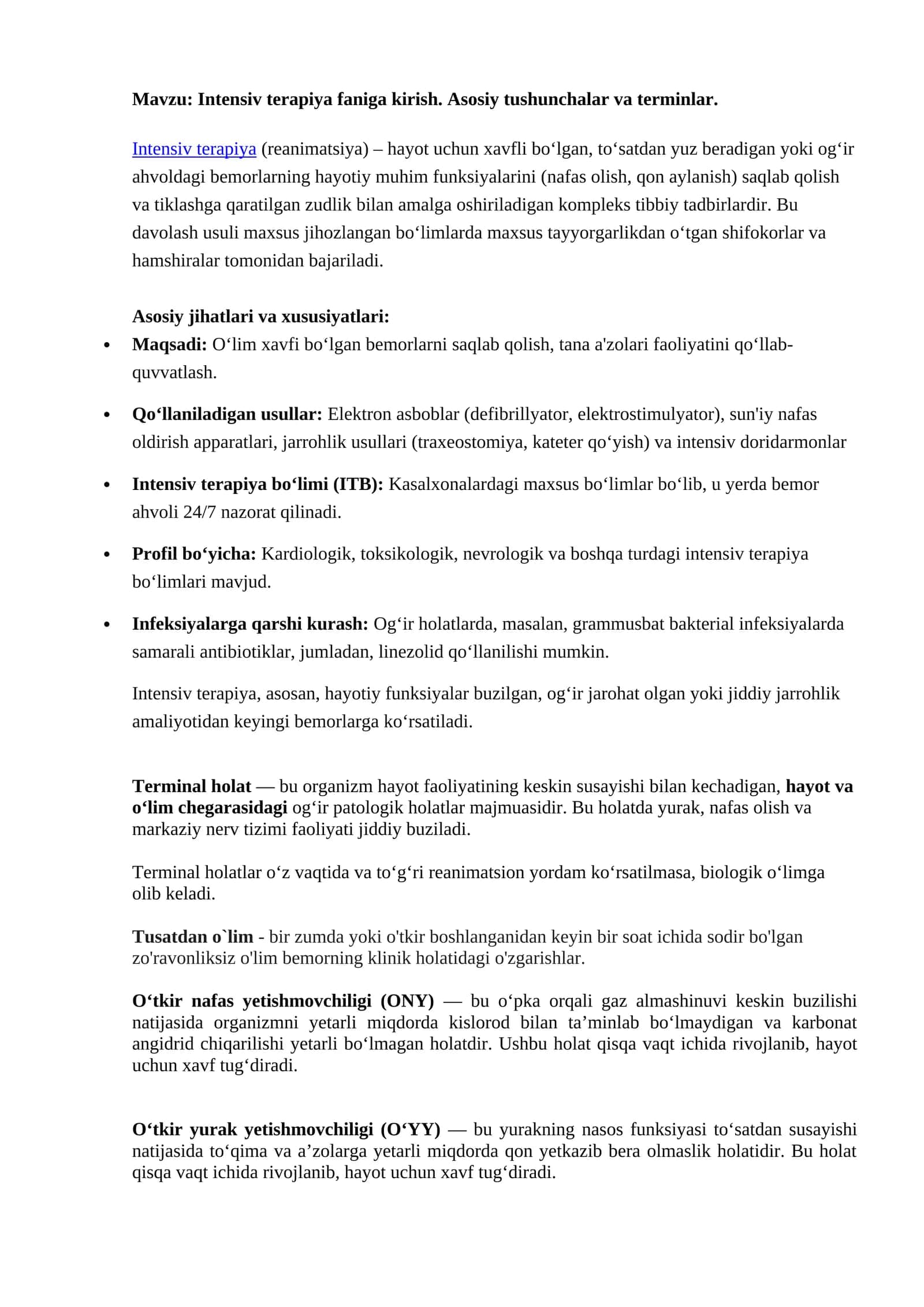Intensiv terapiya faniga kirish. Asosiy tushunchalar va terminlar