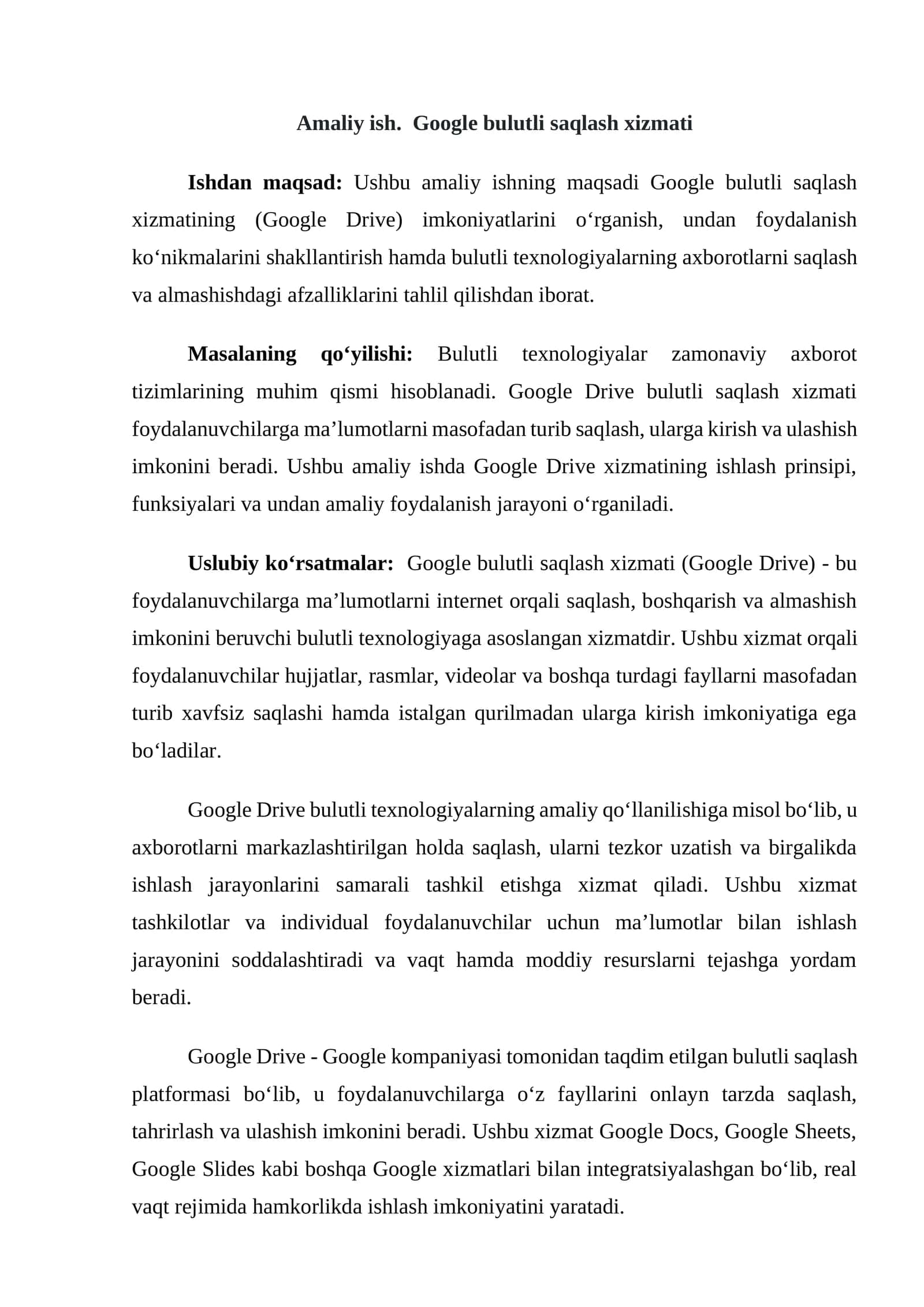 Amaliy ish. Google bulutli saqlash xizmati
