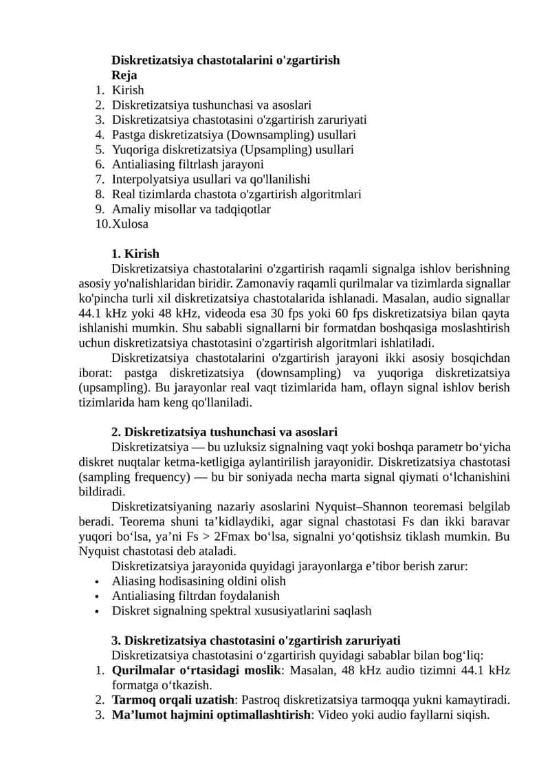 Diskretizatsiya chastotalarini o'zgartirish