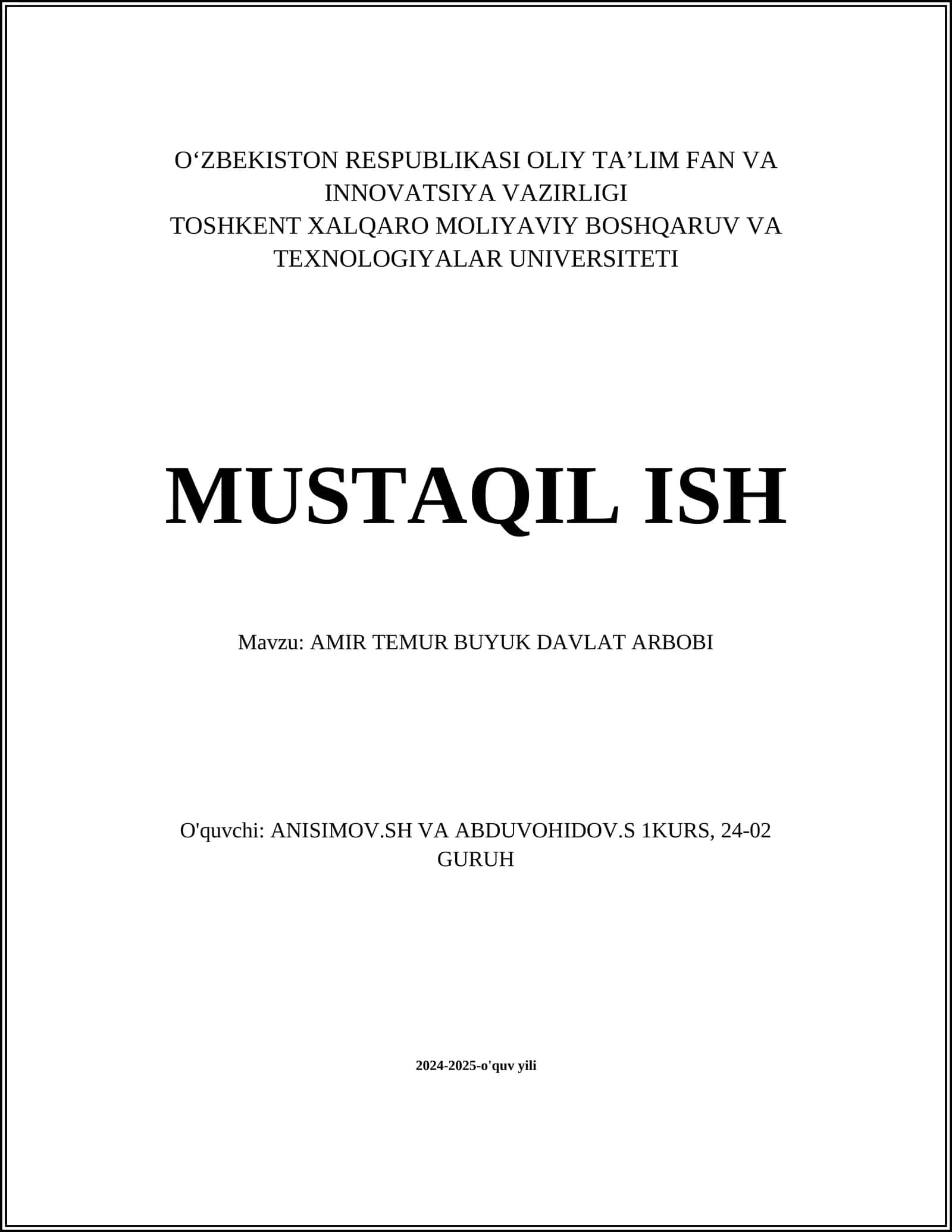 AMIR TEMUR BUYUK DAVLAT ARBOBI