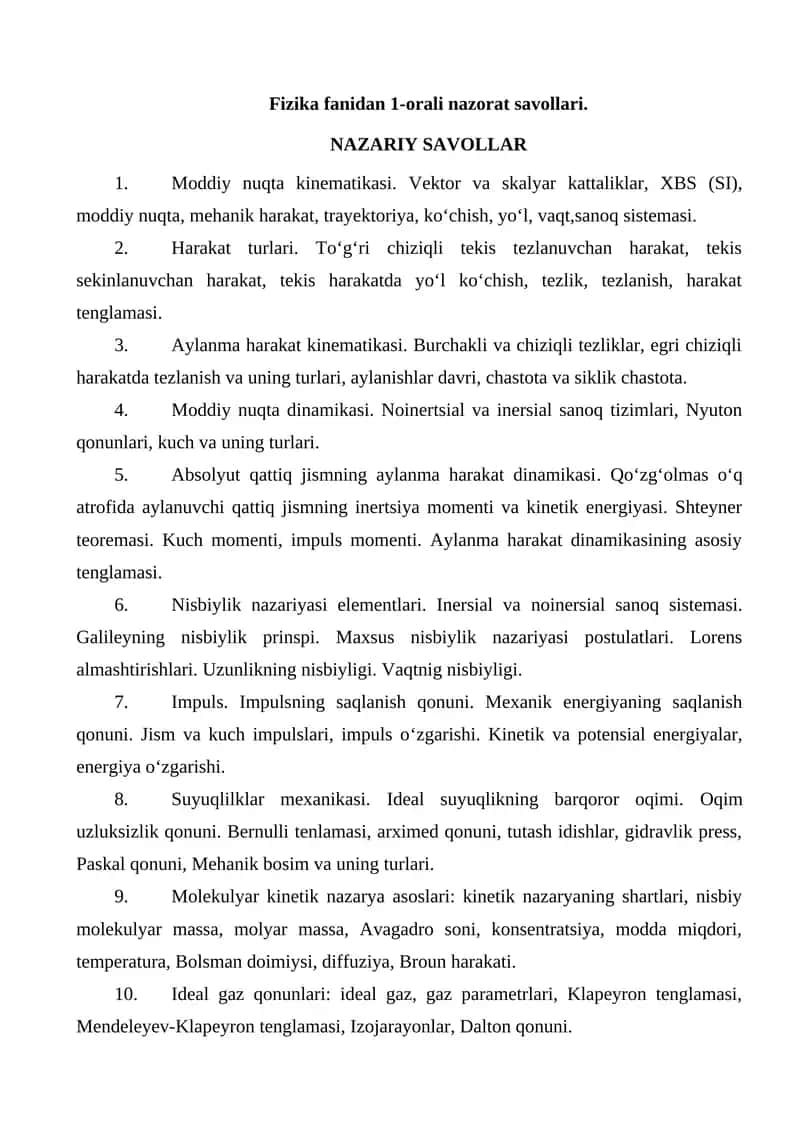 Fizika fanidan 1-orali nazorat savollari