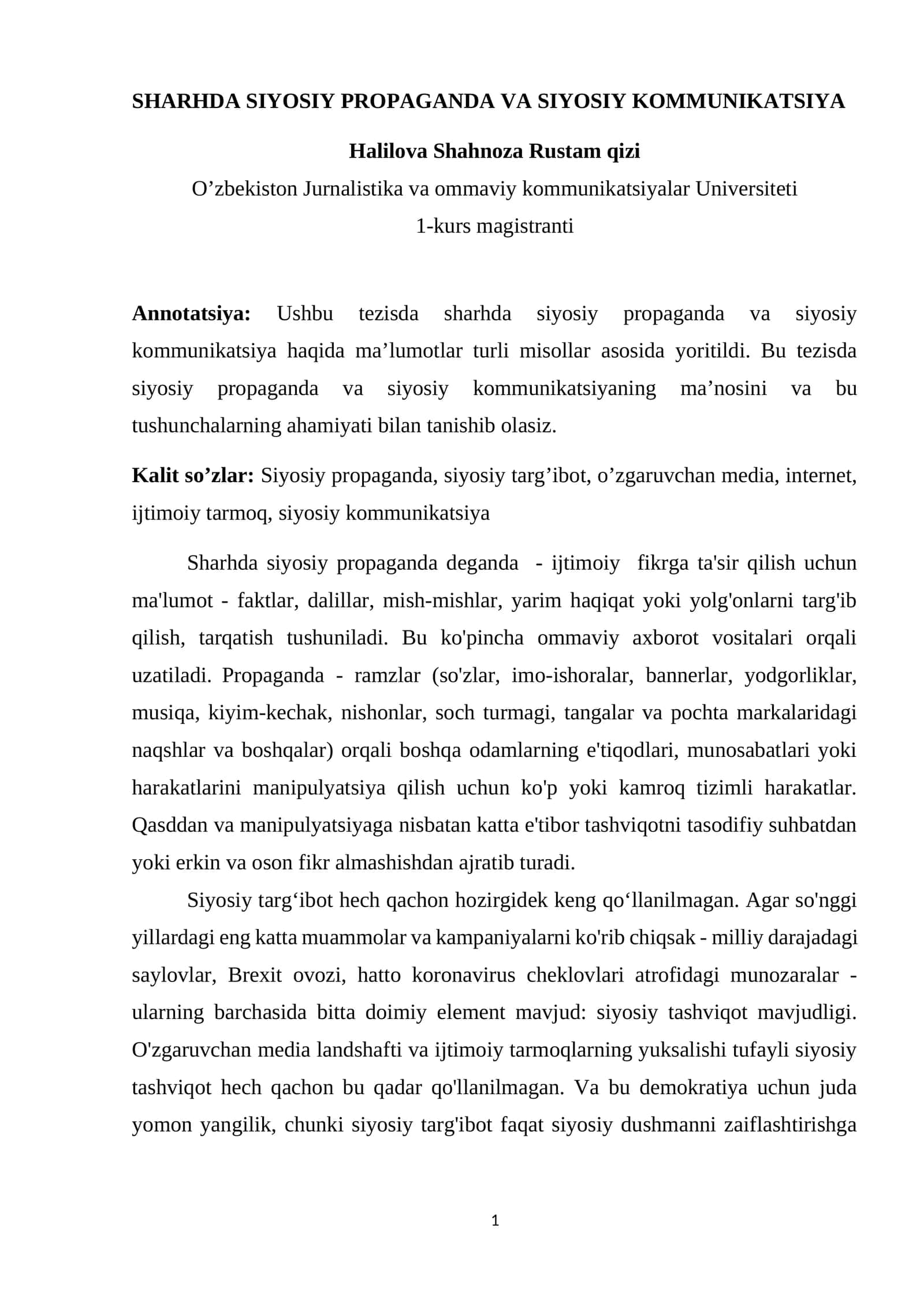 SHARHDA SIYOSIY PROPAGANDA VA SIYOSIY KOMMUNIKATSIYA