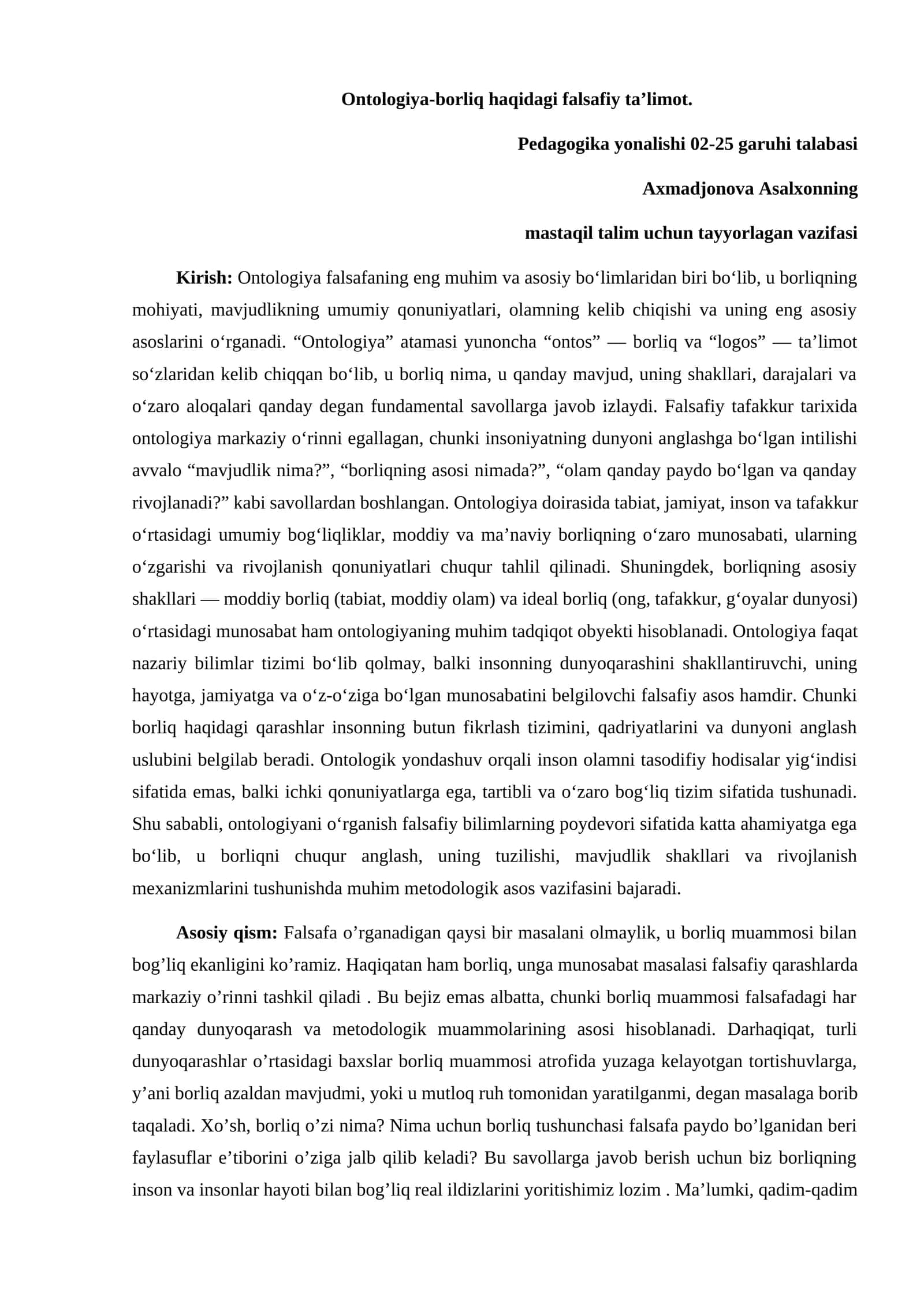 Ontologiya-borliq haqidagi falsafiy ta’limot
