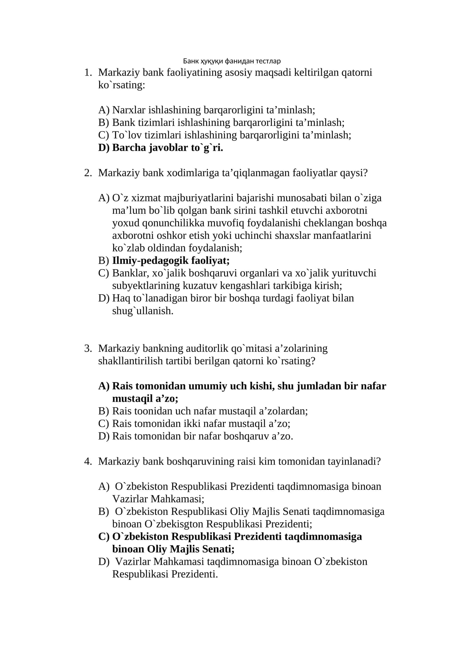 bank huquqi fanidan test 80ta
