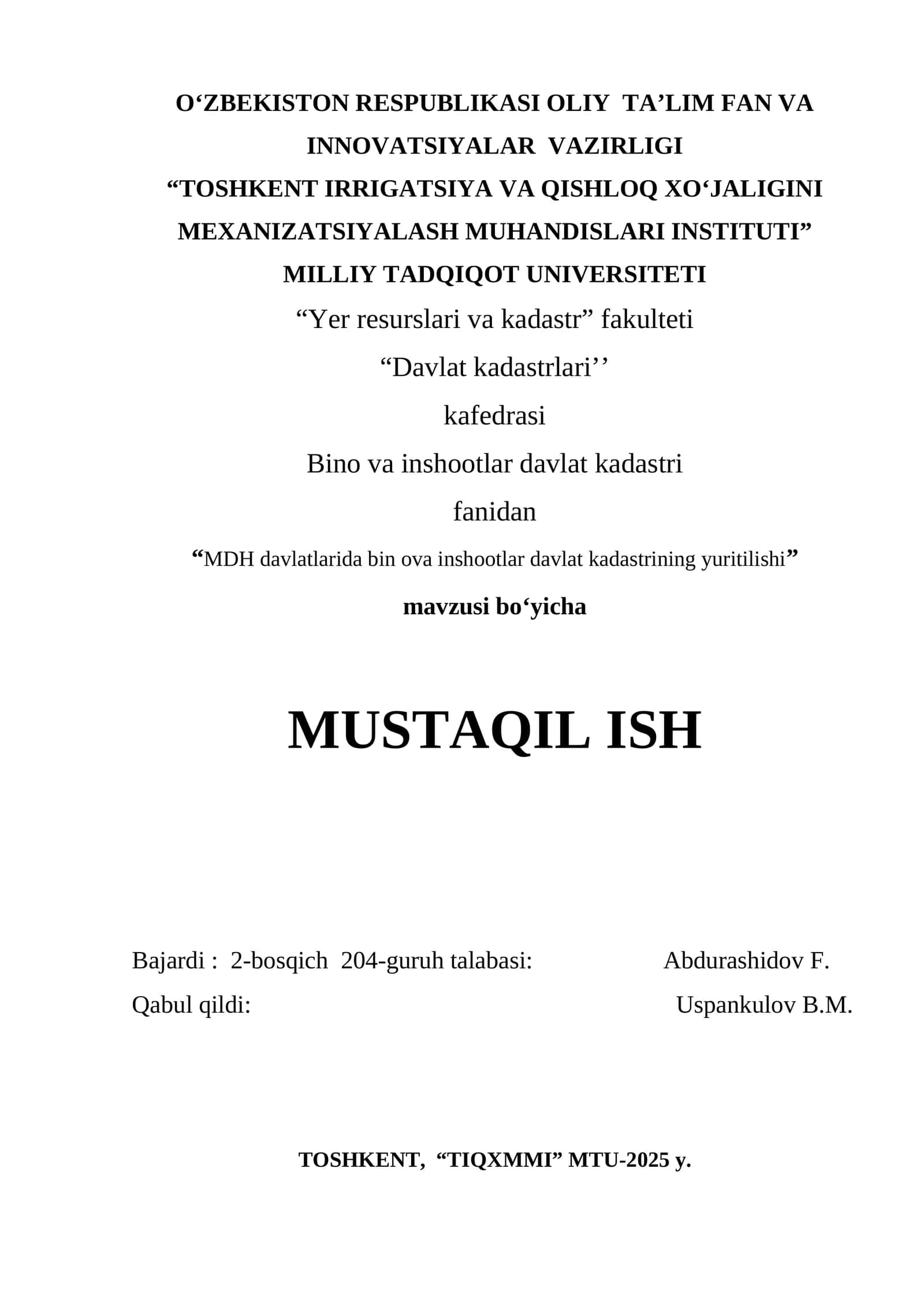 MDH davlatlarida bin ova inshootlar davlat kadastrining yuritilishi