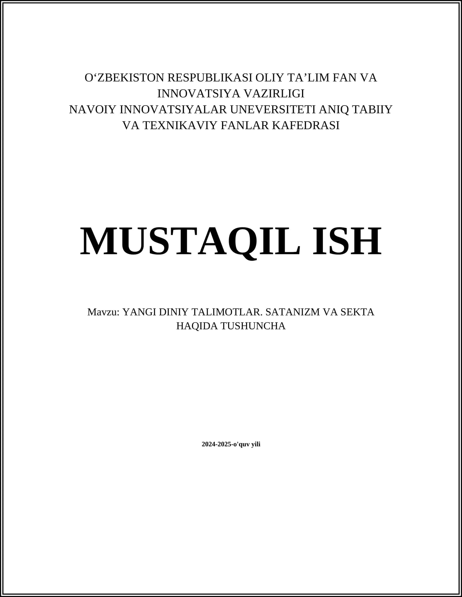 YANGI DINIY TALIMOTLAR. SATANIZM VA SEKTA HAQIDA TUSHUNCHA