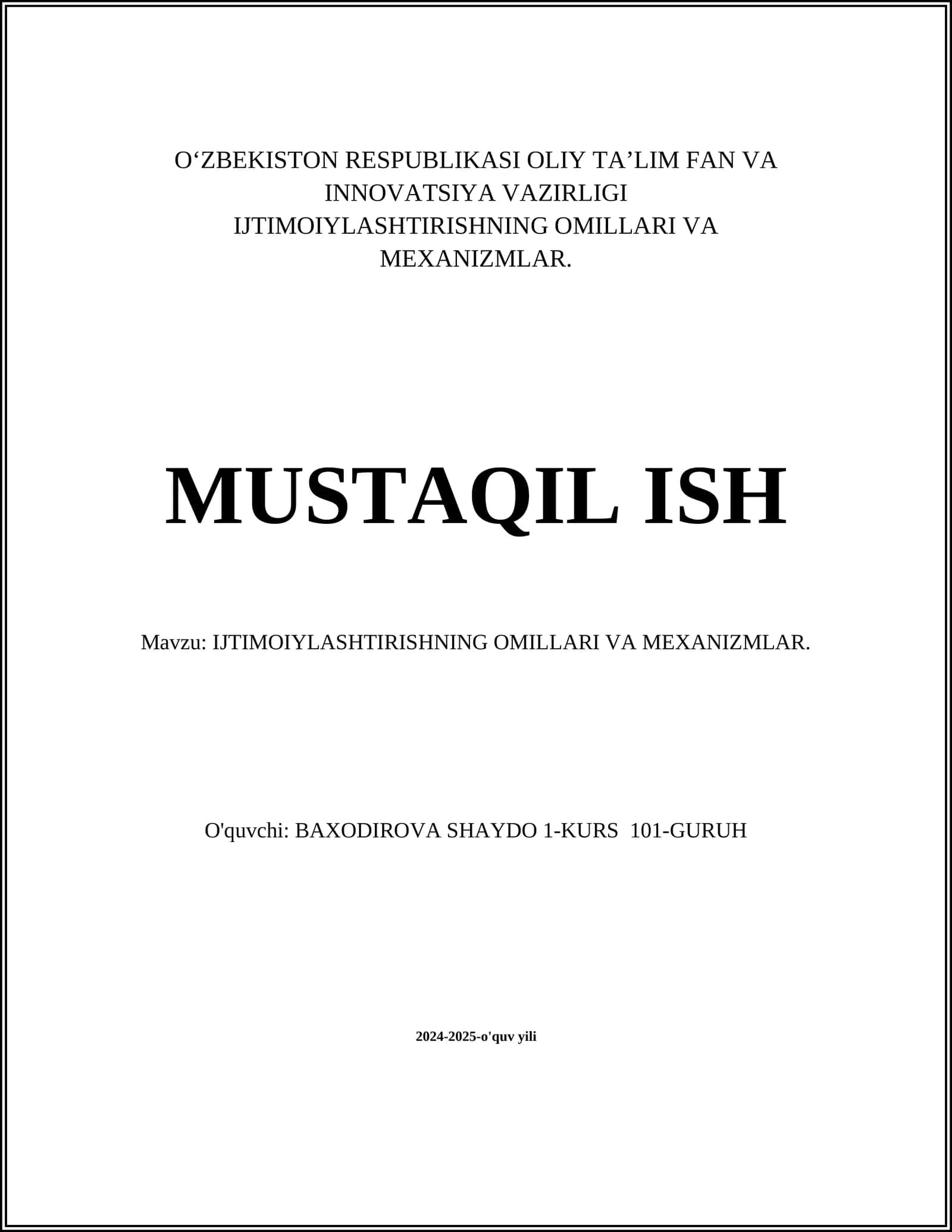 IJTIMOIYLASHTIRISHNING OMILLARI VA MEXANIZMLAR