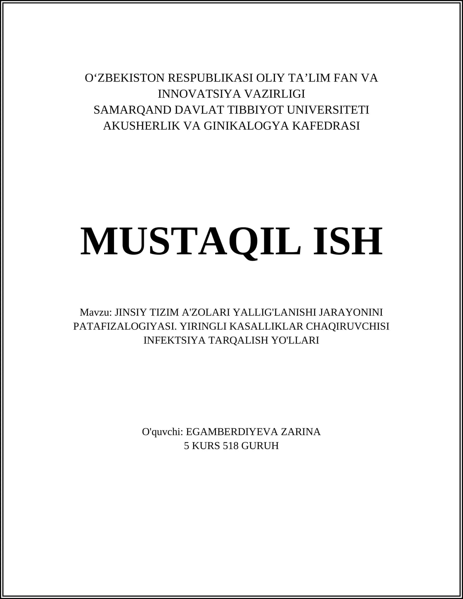 JINSIY TIZIM A'ZOLARI YALLIG'LANISHI JARAYONINI PATAFIZALOGIYASI