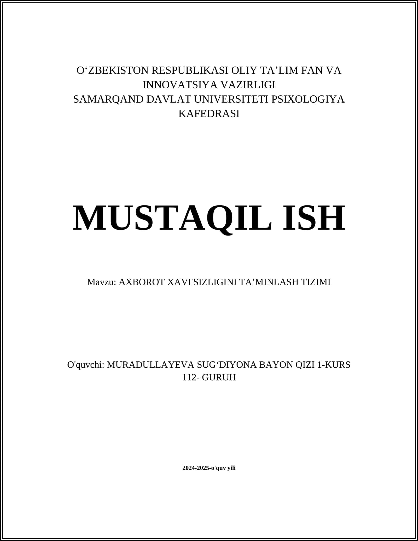 AXBOROT XAVFSIZLIGINI TA’MINLASH TIZIMI