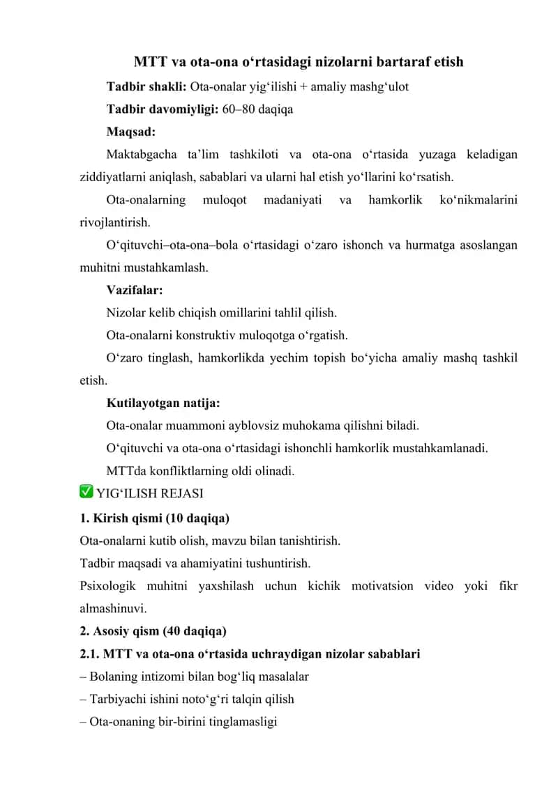 MTT va ota-ona oʻrtasidagi nizolarni bartaraf etish
