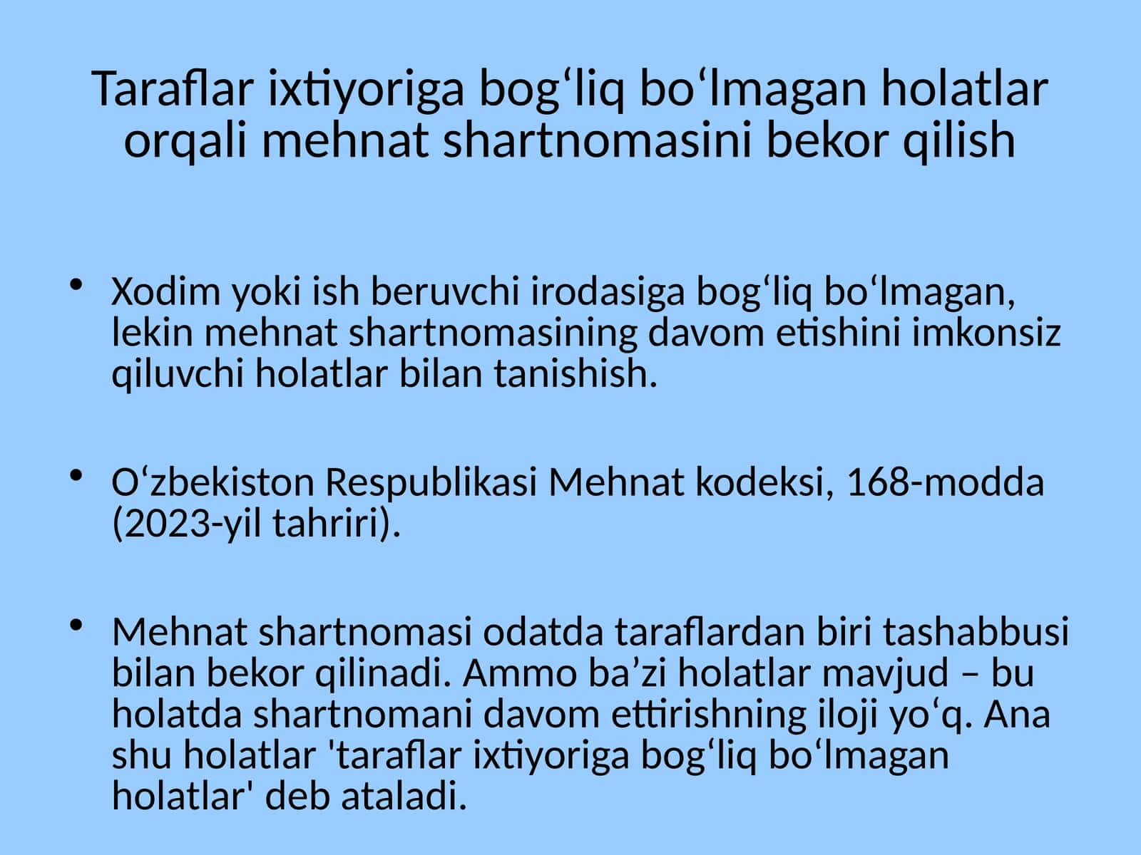 Mehnat shartnomasi bekor qilish holatlari