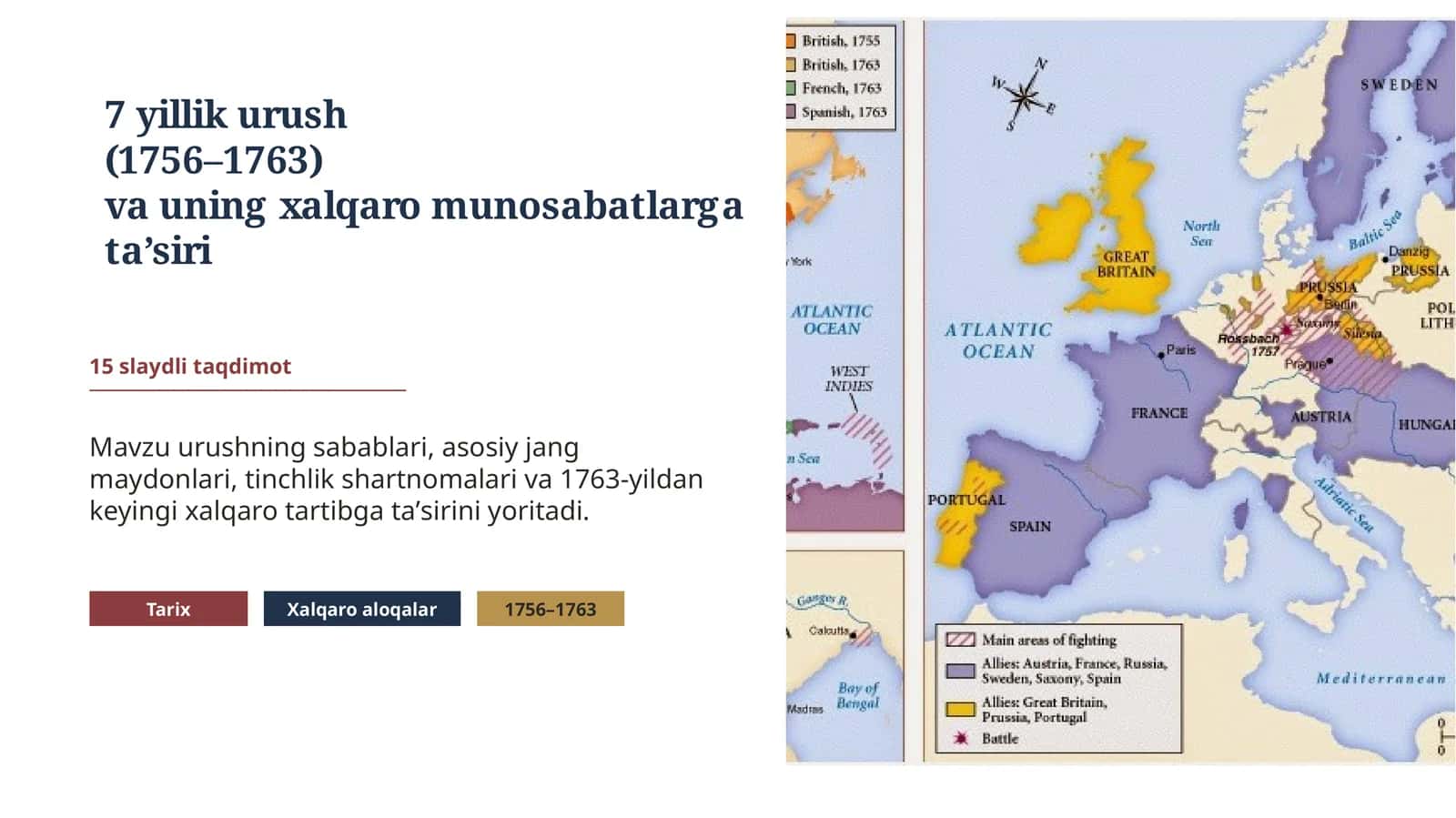 7 yillik urush (1756–1763) va uning xalqaro munosabatlarga taʼsiri 15 slaydli taqdimot