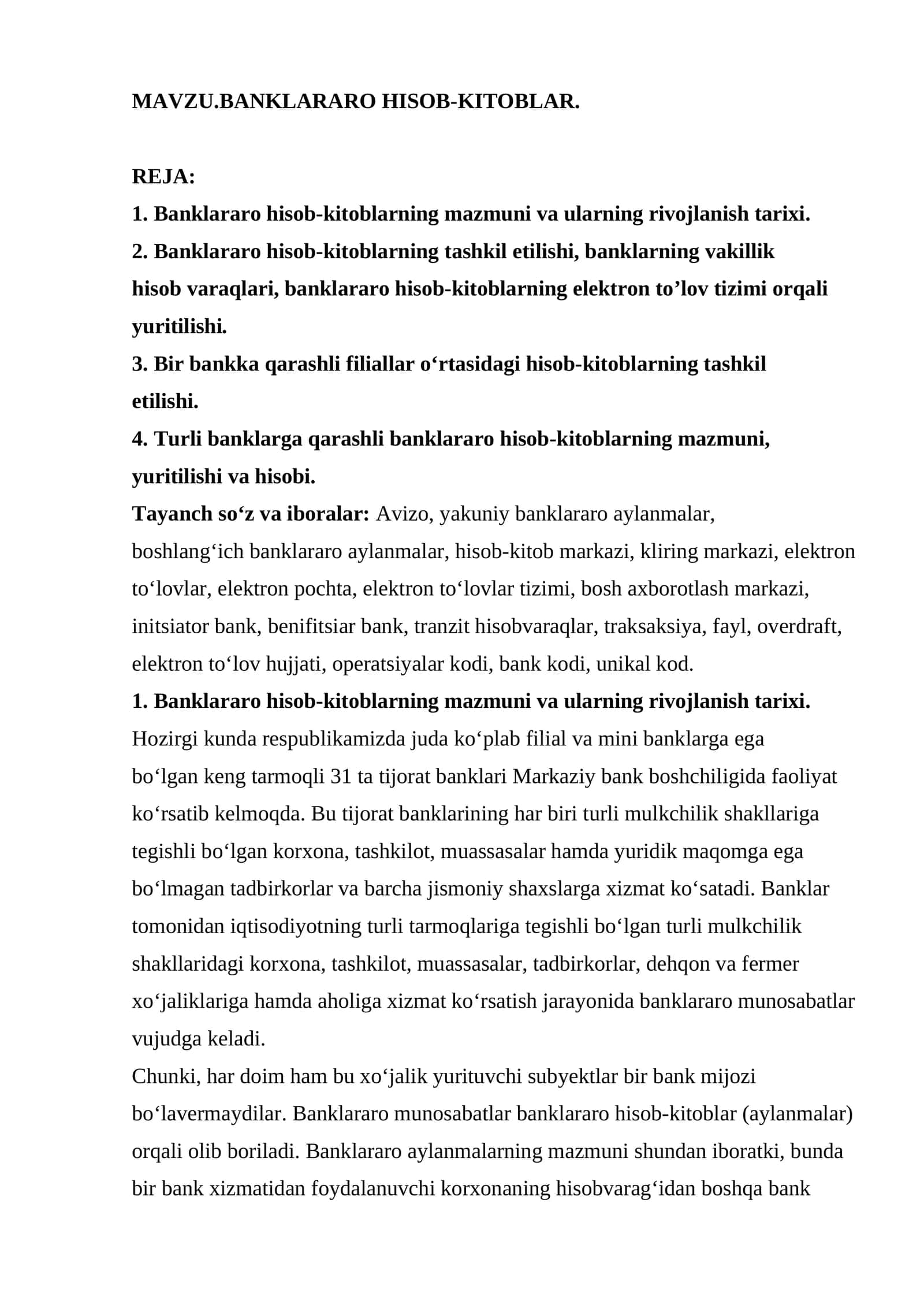 BANKLARARO HISOB-KITOBLAR