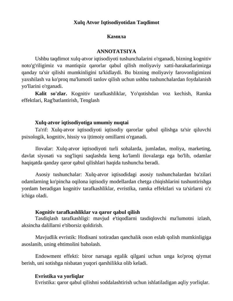 Xulq Atvor Iqtisodiyotidan Taqdimot