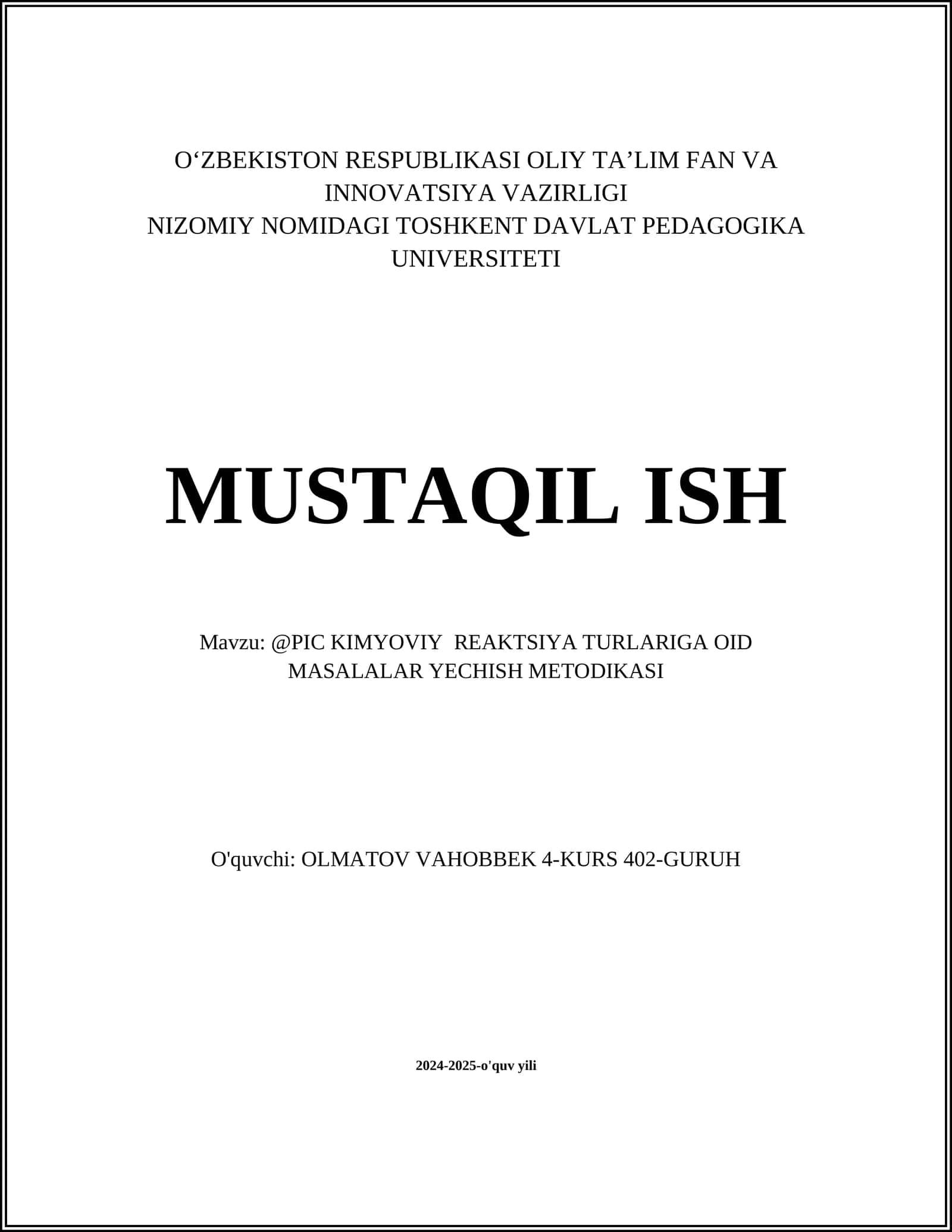 @PIC KIMYOVIY REAKTSIYA TURLARIGA OID MASALALAR YECHISH METODIKASI