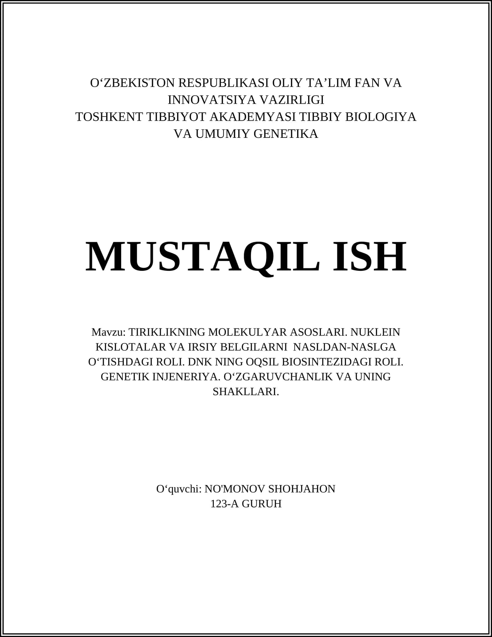 TIRIKLIKNING MOLEKULYAR ASOSLARI