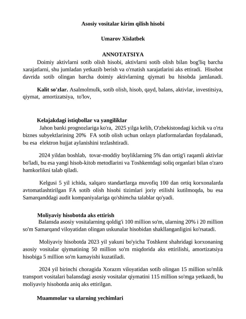 Asosiy vositalar kirim qilish hisobi