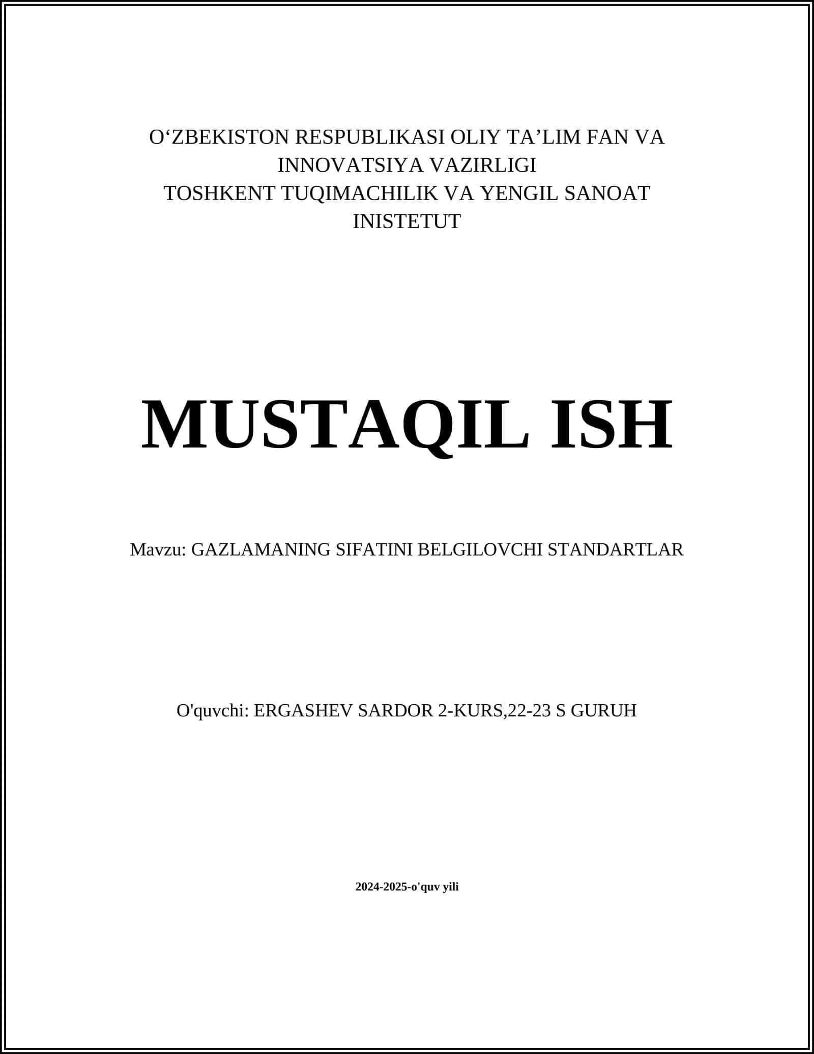 GAZLAMANING SIFATINI BELGILOVCHI STANDARTLAR